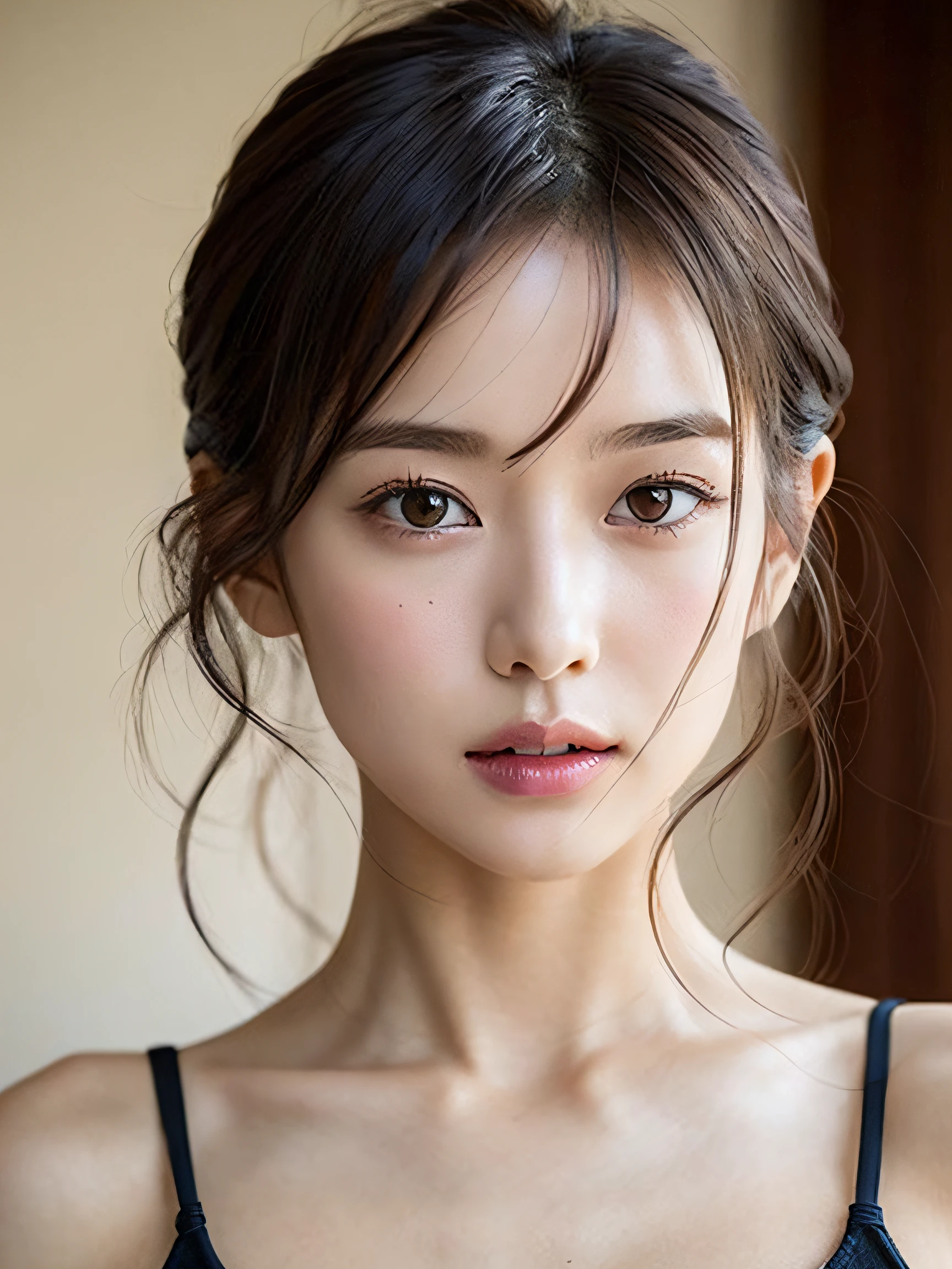 Beautiful woman with gentle and attractive Japan, half-body photo, delicate and sexy collarbone, attractive plump face, double eyelids, smart sagging eyes, pink lips, small upturned nose, small breasts, bare shoulders, concentrated face, face close-up, super high definition, very detailed and elegant appliqué cotton jersey sweatshirt is made from cotton jersey, It is characterized by a loose and languid silhouette.