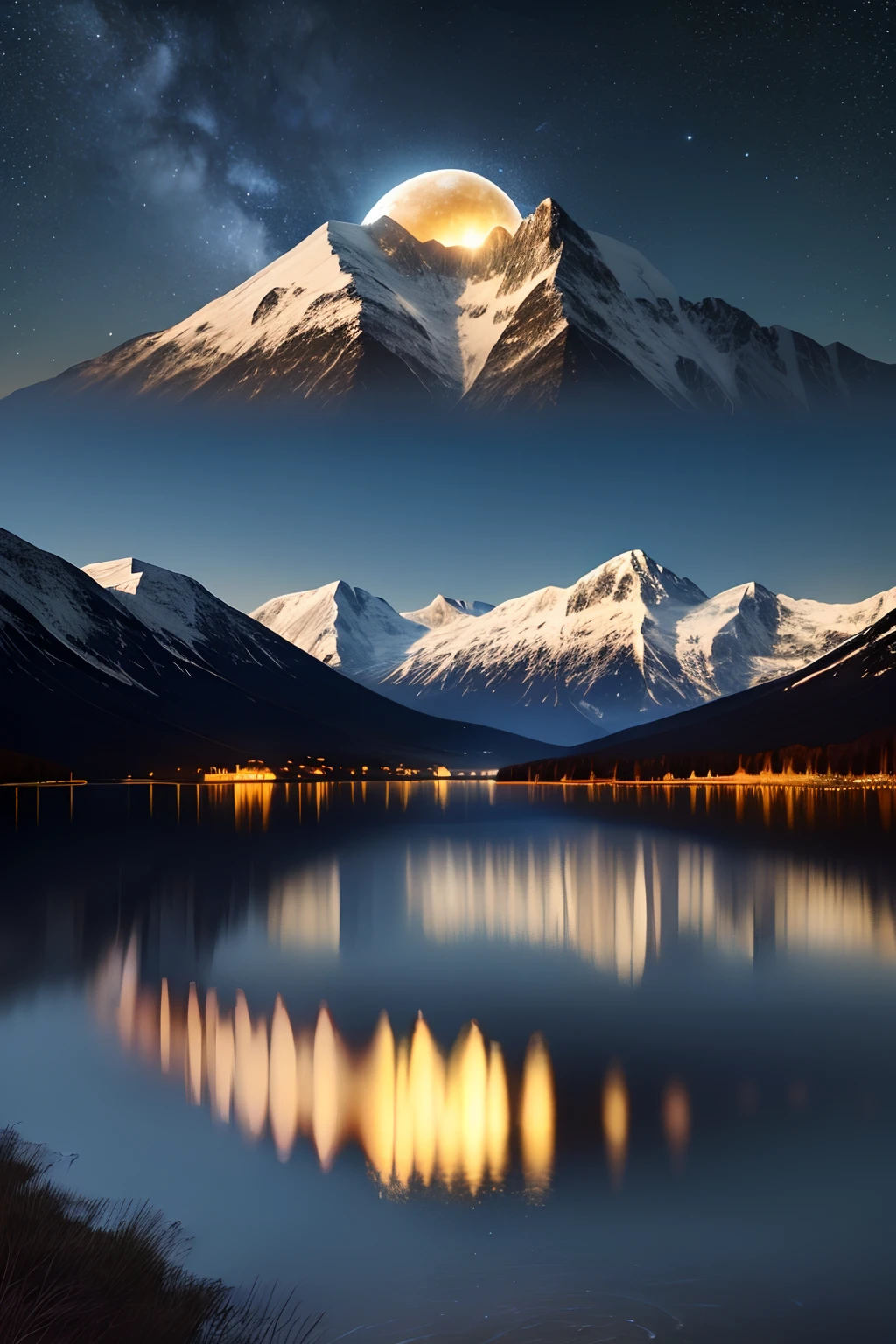 Very starry night. A giant moon behind the mountains. A tranquil lake reflecting the night. Realistic scene, detailed, photorealism, 8k