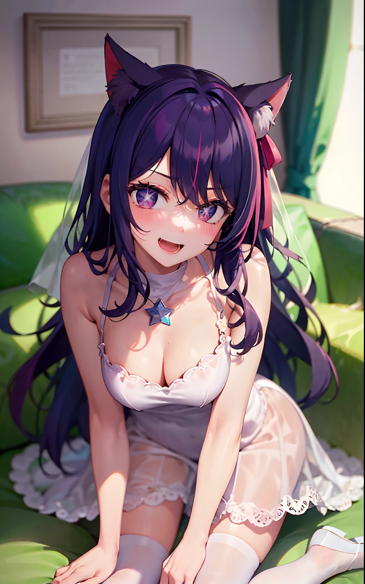 1girll,((There is a five-pointed star in the eye))Gorgeous Hair in Long Purple,Smile,Open mouth,wedding gown,Blushlush,Cat ears,sofe,sitting in the couch,all fours,white stockings,Be red in the face