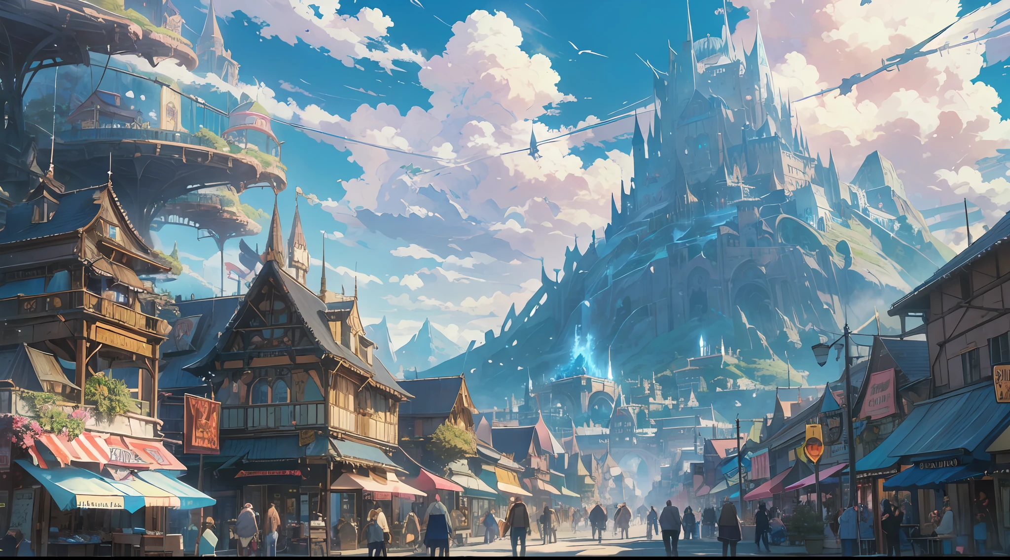 depict a scene of crowded market full of fantasy creature in the middle of small town in fantasy world where silloutte of snowy mountain can be seen from far away in day time and sky is very clear with bright sun light in spring time, 8K, bright color, Intense vivid color, blue azure sky, white clouds, HDR, artwork, anime style, final fantasy, zelda, makoto shinkai, Hayao Miyazaki, extreme detailed, super detailed, crisp, sharp image, best result, very detailed and magical lighting, intricate town details, landscape, realistic proportions, highest quality, masterpiece, outdoor, magical scenery, perfect architecture, perfect building, perfect character