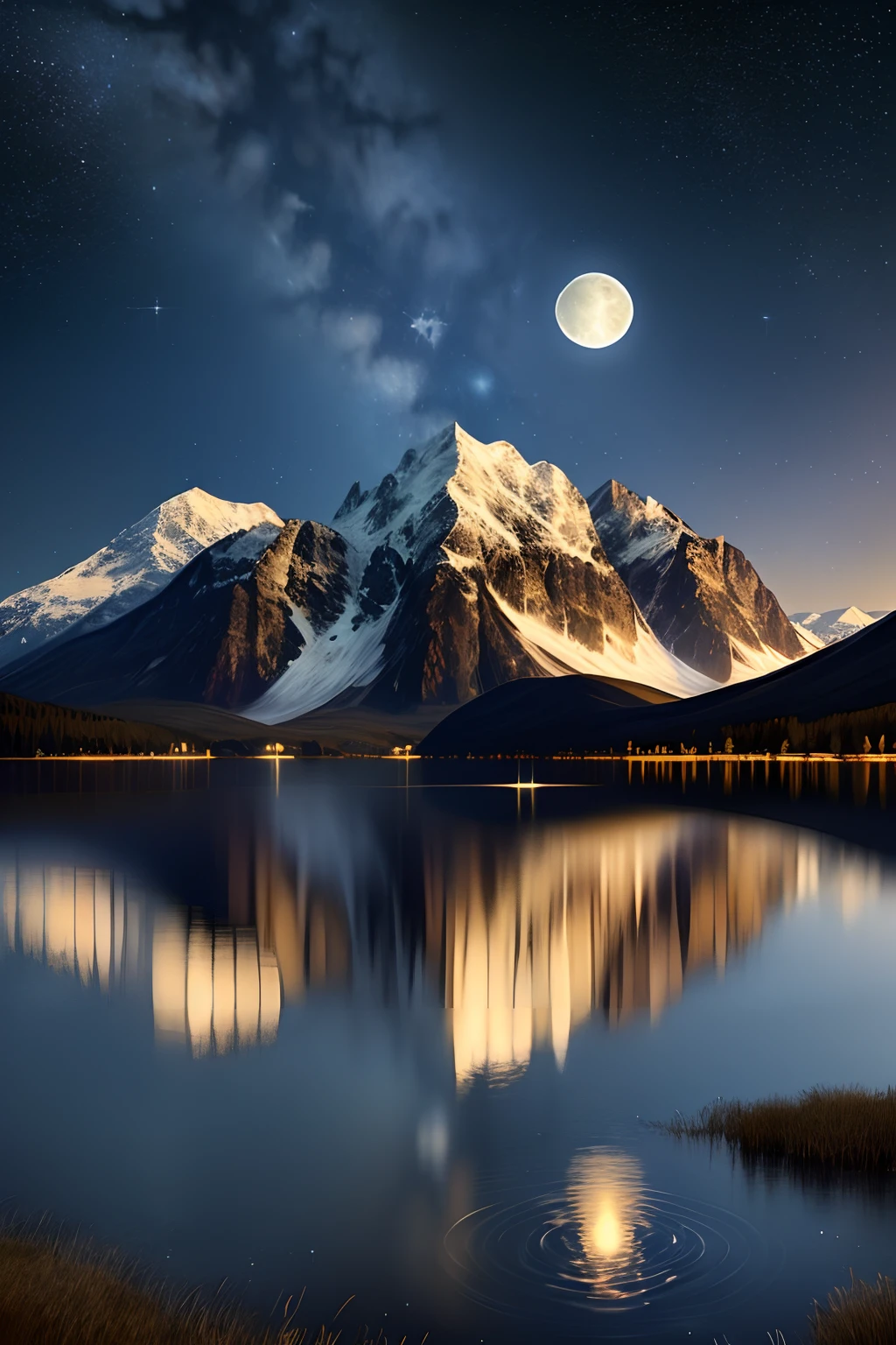 Very starry night. A giant moon behind the mountains. A tranquil lake reflecting the night. Realistic scene, detailed, photorealism, 8k