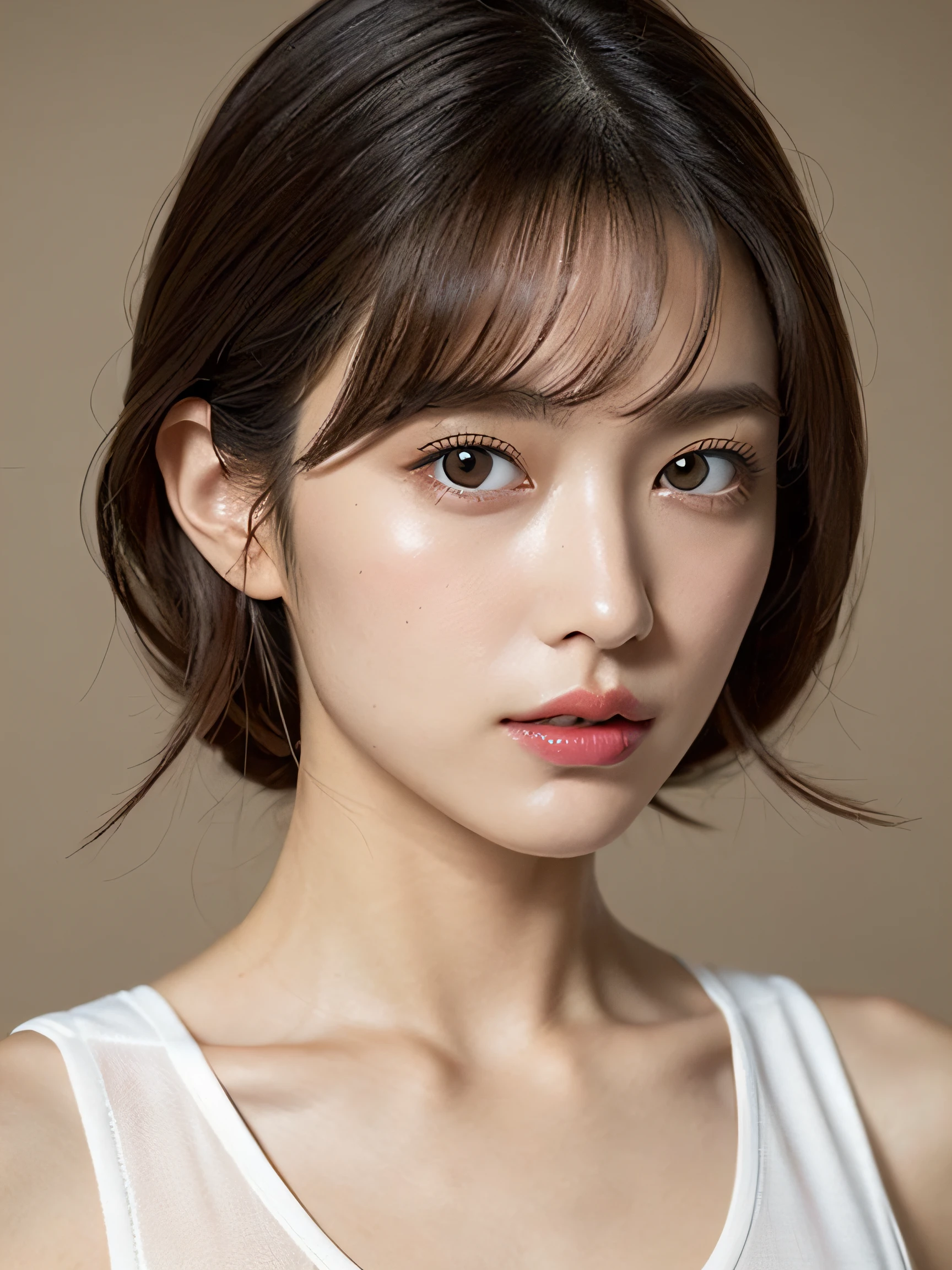 Beautiful woman with gentle and attractive Japan, half-body photo, delicate and sexy collarbone, attractive plump face, double eyelids, smart sagging eyes, pink lips, small upturned nose, small breasts, bare shoulders, concentrated face, face close-up, super high definition, very detailed and elegant appliqué cotton jersey sweatshirt is made from cotton jersey, It is characterized by a loose and languid silhouette.