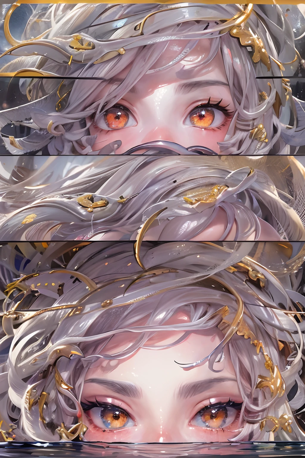 （tmasterpiece，highest qualityr，mejor calidad，Acuarelas（rizado），arte oficial，Beauty and Aesthetics：1.2），（1girll：1.3），（s arte fractal：1.3），Medusa, pelo de serpiente, hiper HD, dynamic  lighting, 1girll, Ojos rosa oscuro, cabello hacia arriba, piel blanca y sensible, Cabello blanco suave, cuerpo completosbian，Mirando a Viewert，modelado，descalzo,ombligo abierto，El cabello largo es tranquilo y natural, Koi,Submarino, Dome,Dynamic actions，agua，Liquids，nubes，De color，estrellado，Las Estrellas，