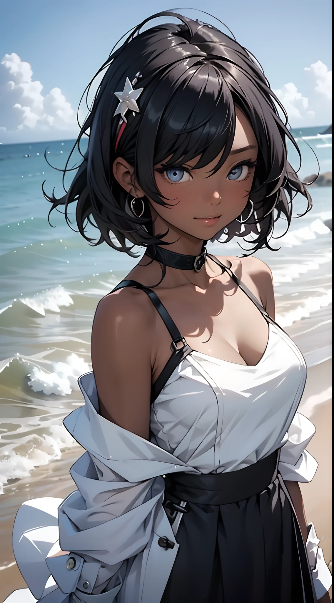 tmasterpiece， Best quality at best， beautidful eyes，Black skin， 1girll， 独奏，camisole，cleavage，（The shoulder straps slip off：1.5）， with short white hair，Off-the-shoulder attire，Insufficient tailoring， Hair is more than one eye，sea beach，The skin is translucent，Close-up shot，ssmile，looks into camera，Close up