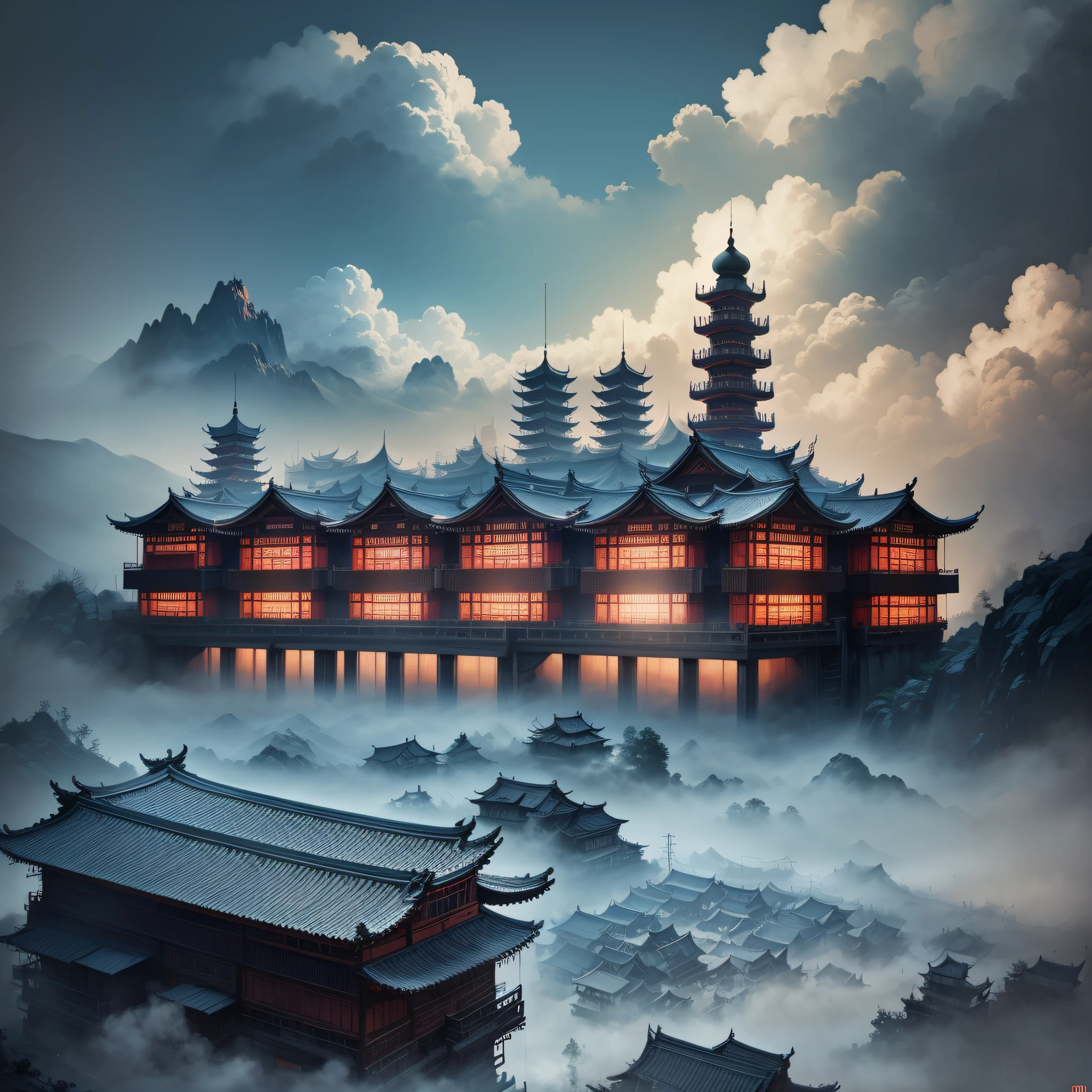 Chinese loft landscape, ink painting, color dull, cool tone, martial arts story style, highly detailed, dynamic, epic, realistic lighting and shadows, inspired by Jin Yong, vibrant, 8k, Octane rendering, Unreal Engine, very detailed , Concept Art, Realistic, Cry Engine, Masterpiece, Recent Quality --v 6