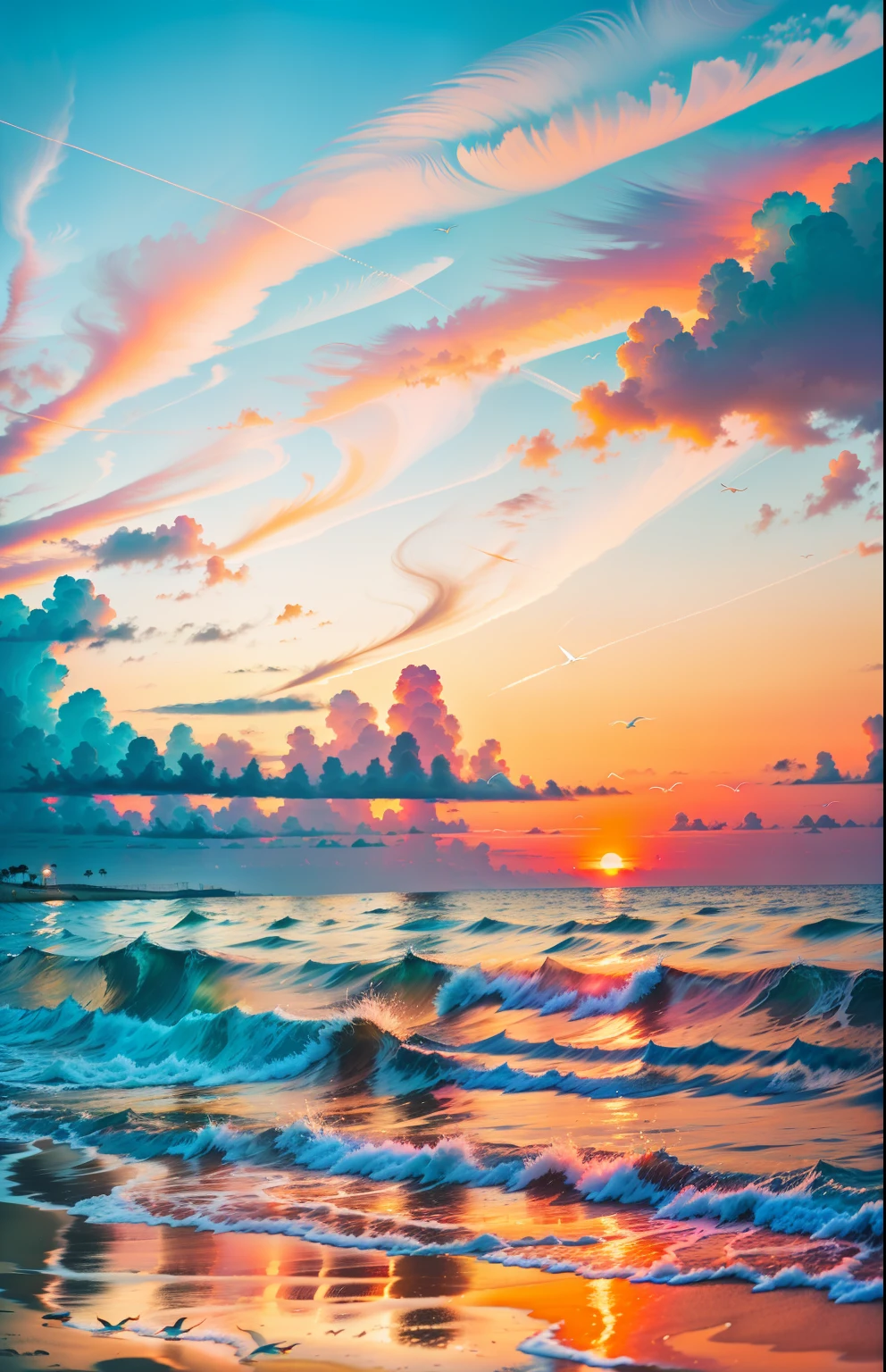 An absolutely mesmerizing sunset on the beach, with a mix of orange, pink, and yellow in the sky. The water is crystal clear, gently kisses the coast, and the white sand is endless. The scene is dynamic and breathtaking, with seagulls soaring high in the sky and palm trees swaying softly. Immerse yourself in the calm atmosphere and let the serenity surround you.