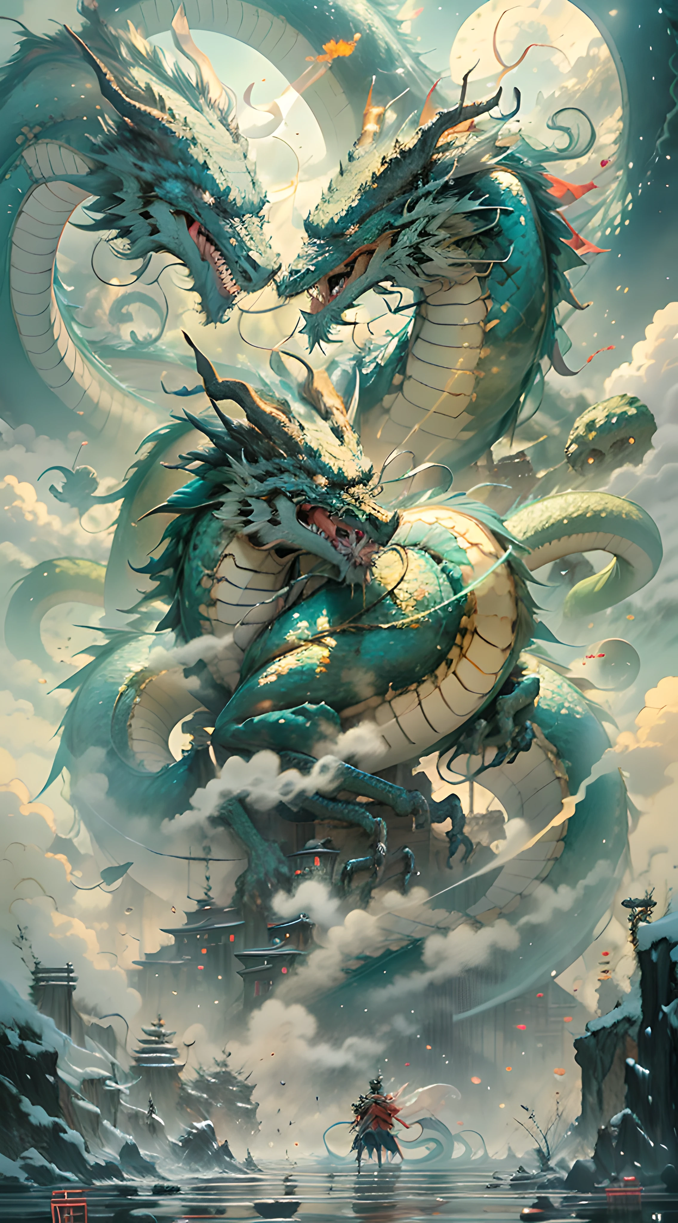 Father chasing the sun,He ran against the sun,The mountain is not yet to his knees,The sea water is not yet to his ankles,(Behind the perspective),((Chinese mythology)),high qulity,super-fine,Detailed pubic hair,Accurate,(tmasterpiece),Works of masters,(16K resolution),电影灯光,Back view,drak,chinesedragon,mythological beasts,There is a dragon in front,auspicious sign,solo person, A dragon,artwork of a,Chinese elements,Dragon,mito