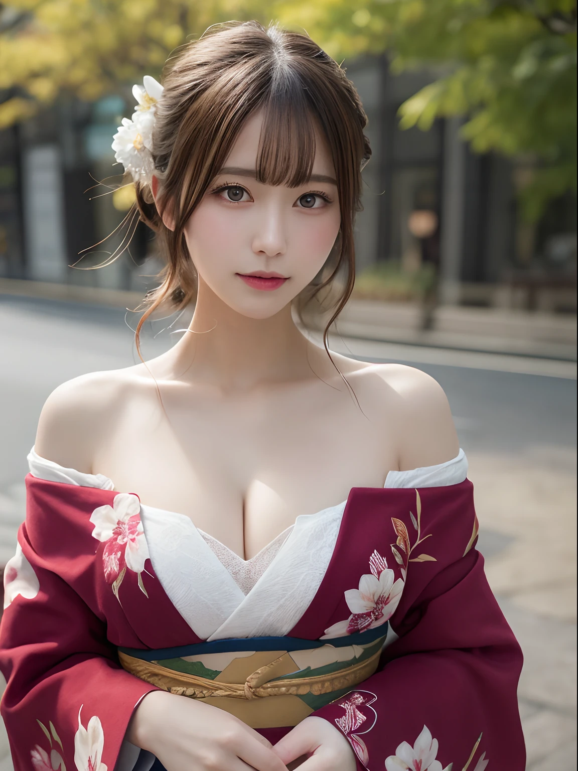 masutepiece, Best Quality, Illustration, Ultra-detailed, finely detail, hight resolution, 8K Wallpaper, Perfect dynamic composition, Beautiful detailed eyes, Kimono, Off-shoulder, cleavage, Full body