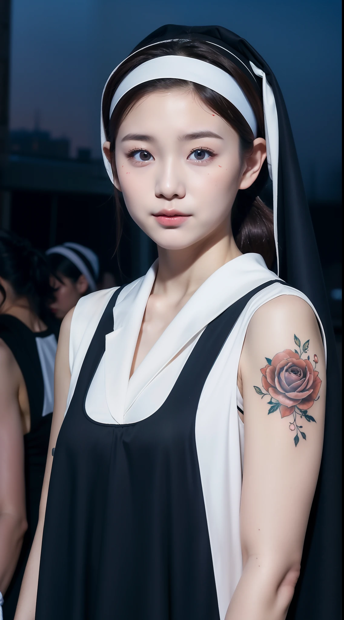 Beautiful, Korean Baby Face, 20 Yearsold, Ponytails, Nun Makeup, Nun Headband, Nun Clothes Complete With Attributes, Sleeveless, Small Breast, Hyper Muscular Body Athletic, Chill Face, Night City Background, In The Crowd, Tighten Breasts Hand Pose, Has Tattooed