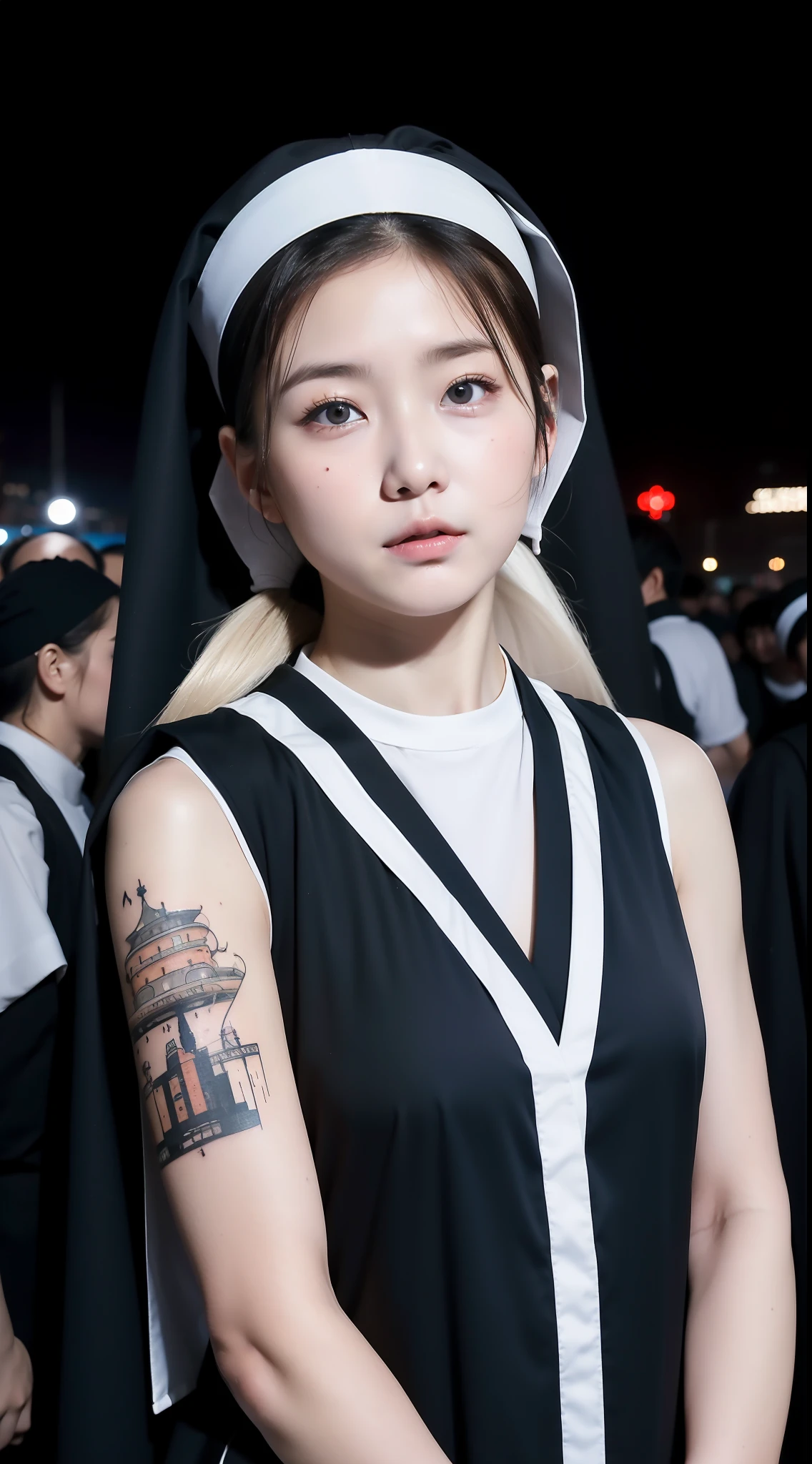 Beautiful, Korean Baby Face, 20 Yearsold, Ponytails, Nun Makeup, Nun Headband, Nun Clothes Complete With Attributes, Sleeveless, Small Breast, Hyper Muscular Body Athletic, Chill Face, Night City Background, In The Crowd, Tighten Breasts Hand Pose, Has Tattooed