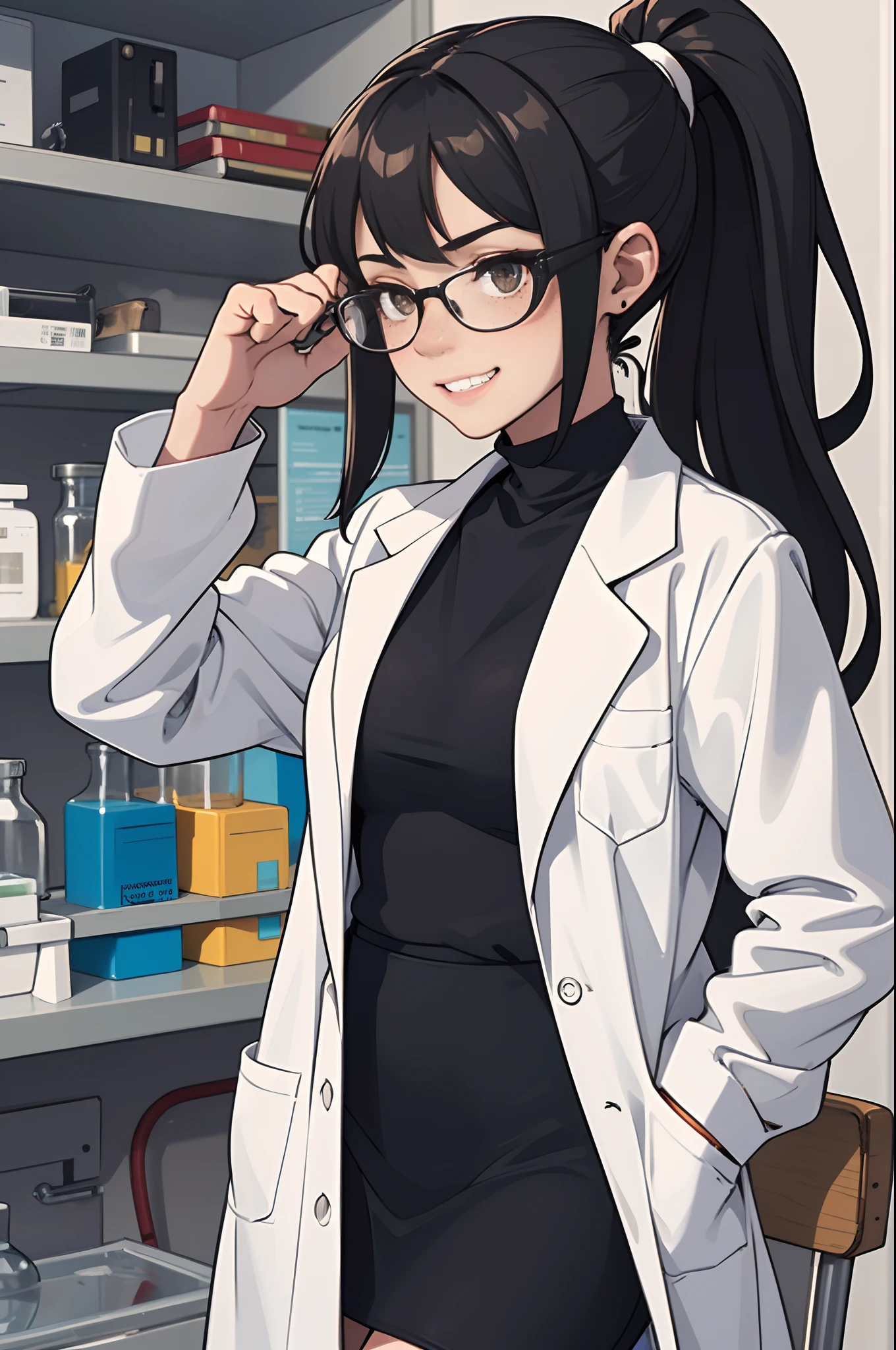 1girl, solo, scientist, mad scientist, white lab coat, pencil skirt, shoes, dress shirt, glasses, black hair, ponytail, long hair, hazel eyes, freckles, scheming pose, professional, laboratory backdrop, cowboy shot, bunker, evil grin