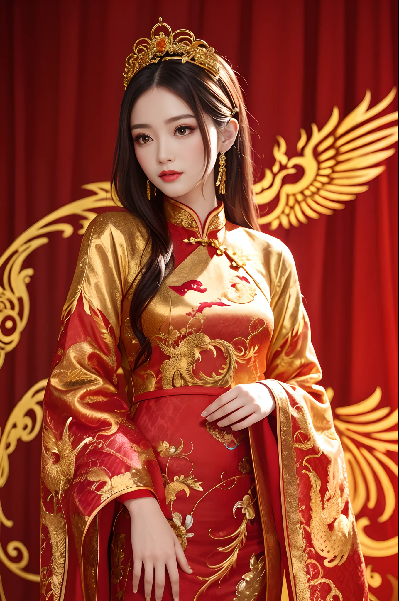 The girl wears a cheongsam with a dragon and phoenix pattern embroidered on it，Gold wire design，Diamond tiara，Long legs，jewel embellishment，ultraclear，复杂，extreme hight detail，a picture