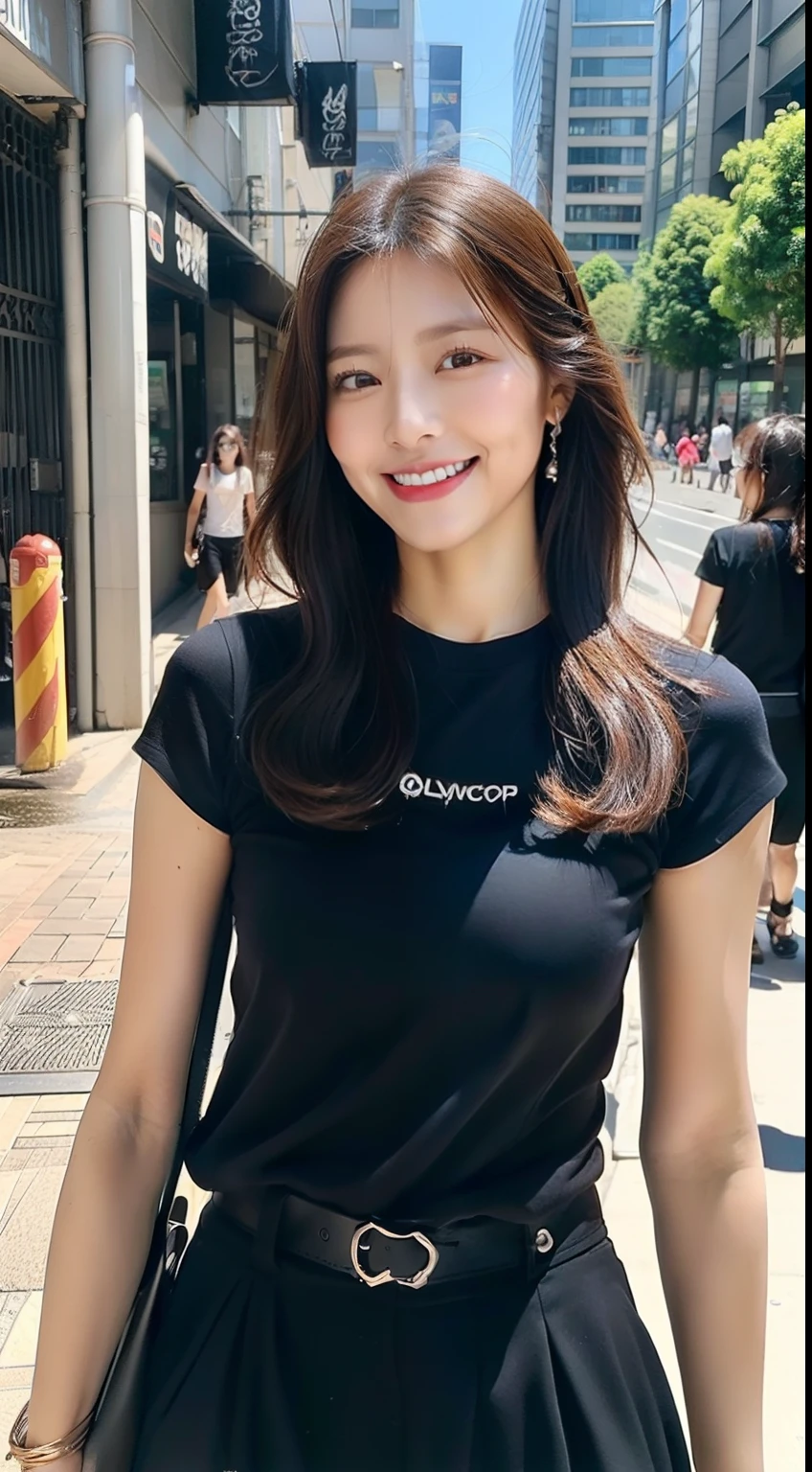 ((Best Picture Quality, 8k, tmasterpiece:1.3)),cabelos preto e longos,Big waves,Ultra-fine face, A detailed eye, 二重まぶた,short- sleeved,skinny pants,ssmile,seductiv,the street,huge tit:1.2