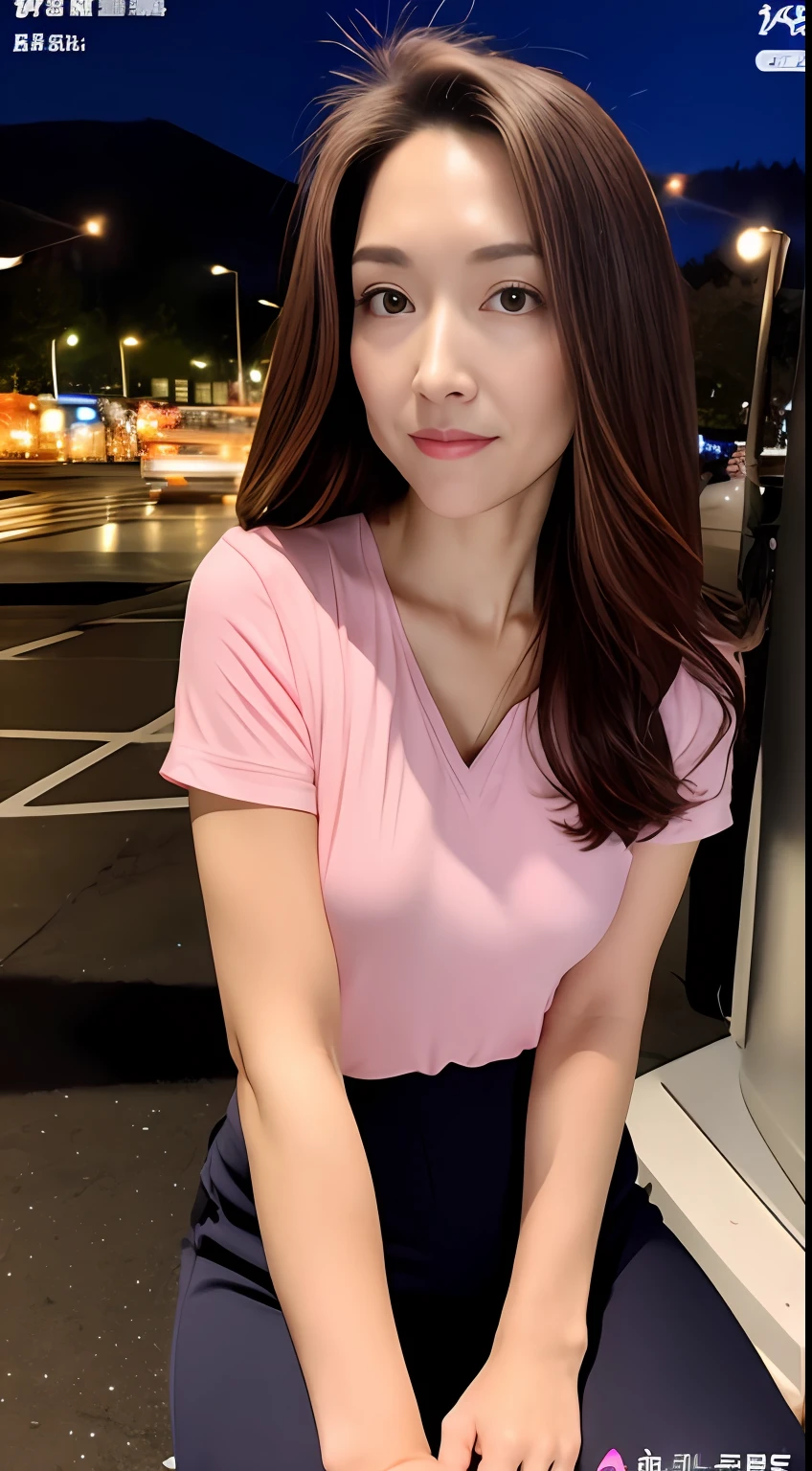 ((midynight, Acura, 8K, tmasterpiece: 1.3)), full bodyesbian, long leges, Focalors: 1.2, perfect figure beautiful woman: 1.4, Slim abs: 1.1, (dark brown hair,: 1.2 )), (Pink skinny T-shirt, short skirt,sitting on a stool: 1.2), (city night scene, the roof: 1.3)), Highly Detailed Face and Skin Textur, detailedeyes, 二重まぶた,