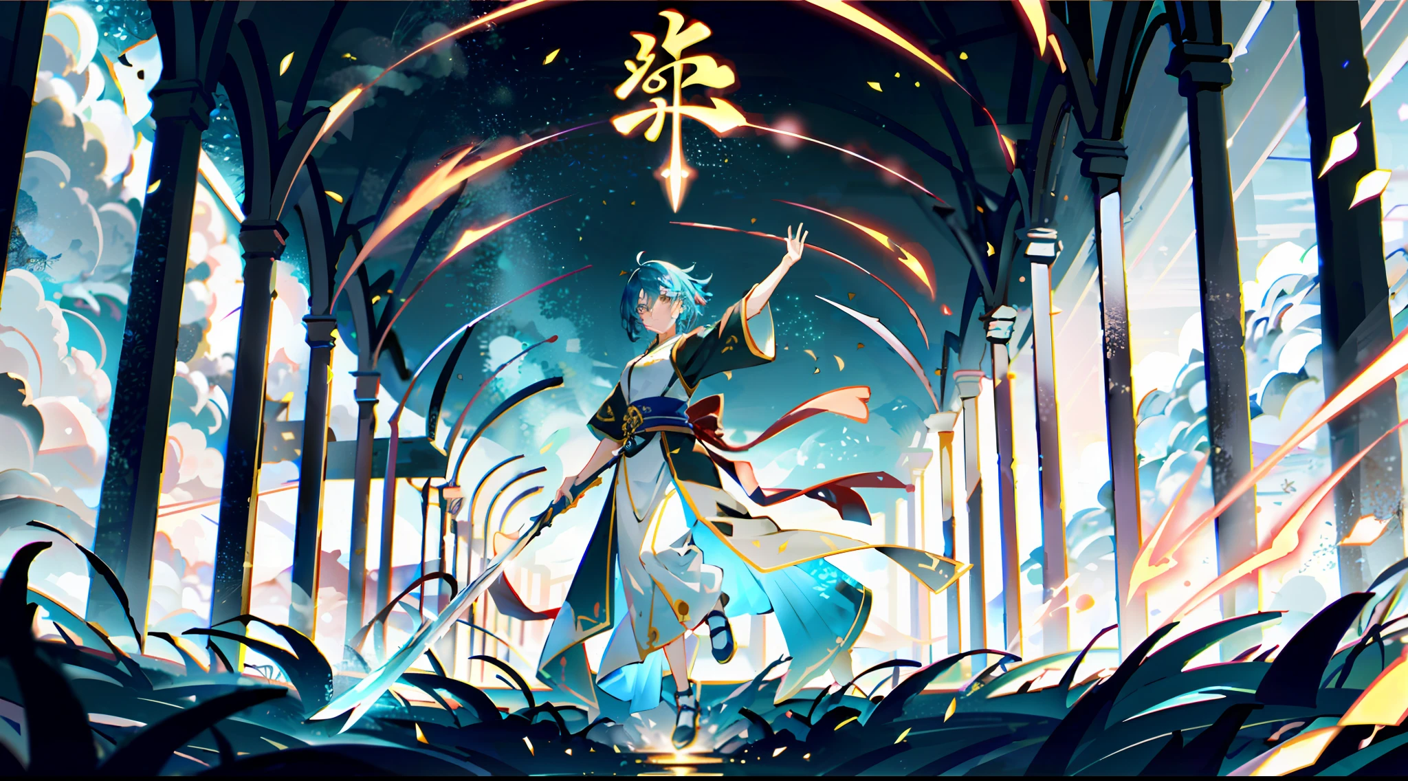 Chinese female swordsman，Wearing white Hanfu，Ancient Chinese Cold Weapon Sword 1.4，Put your feet on the glowing sword, You levitate over the forest，Skytop background of bustling city，Swirling cyan glow，Essence Immortal 1.5，Ultra-wide photo，Tyndall effect，Glow effect，Estilo de Makoto Shinkai，Optoelectronic style，Meticulous brushstrokes，Realistic pop music，New School Beast，Knolling，8K，Golden Tornado、Neatly arranged，Fantastic landscape, The light of the knife around the character
