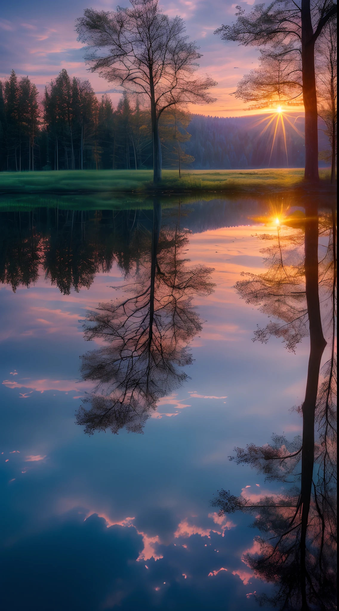 Wallpaper, summer, lake, dawn, forest, clouds, dawn background, depth of field, HD detail, hyperdetail, cinematic, soft light, deep field focus bokeh, ray tracing, diffuse (ultra-fine glass reflection) and realism. --v6