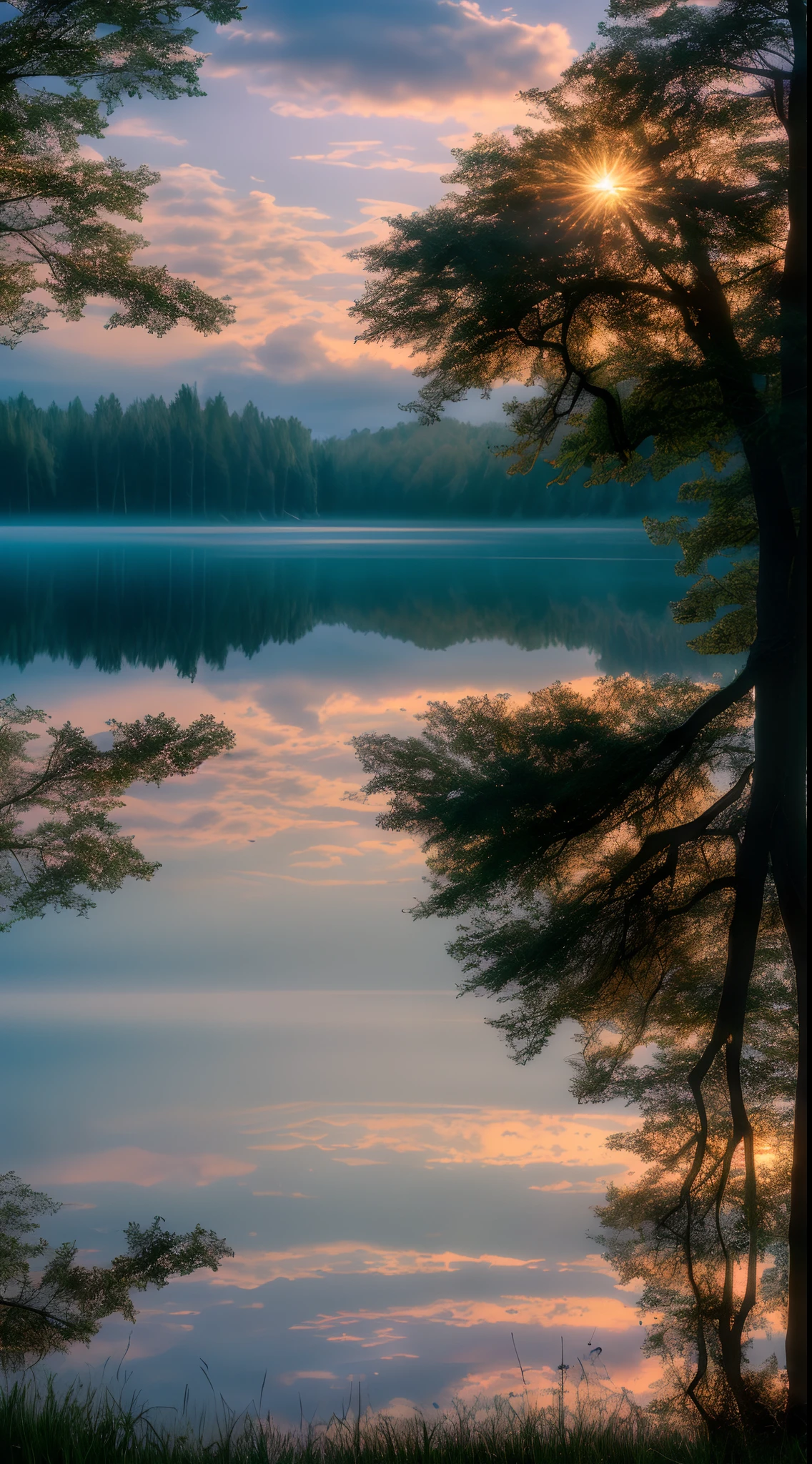 Wallpaper, summer, lake, dawn, forest, clouds, dawn background, depth of field, HD detail, hyperdetail, cinematic, soft light, deep field focus bokeh, ray tracing, diffuse (ultra-fine glass reflection) and realism. --v6