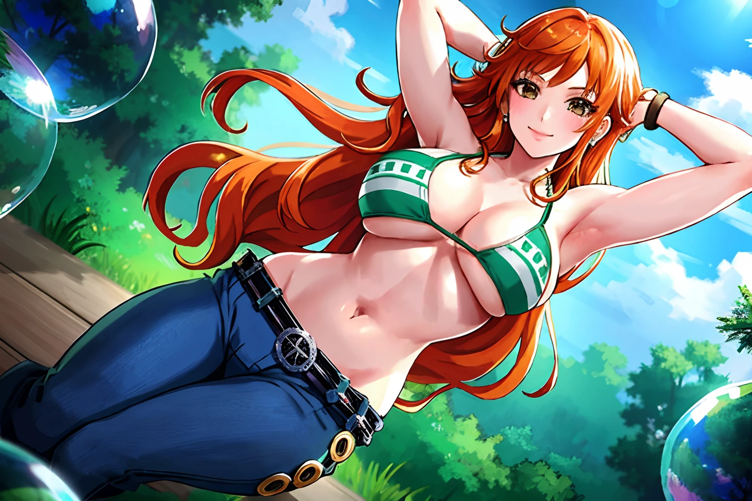 detailed background, masterpiece, nip slip, best quality, 1girl, solo, nami \(one piece\), 1girl, bangle, hands out of frame, detailed arms, strong arms, muscular body, flex muscles, seductive, bangs, bare shoulders, belt, bikini, bikini top only, blue sky, bracelet, breasts, brown eyes, bubble, cleavage, cloud, cowboy shot, day, denim, earrings, floating hair, green belt, green bikini, groin, jeans, jewelry, large breasts, log pose, long hair, looking at viewer, navel, orange hair, pants, shoulder tattoo, sidelocks, sky, smile, solo, laying on the floor, posing, stomach, swimsuit, tattoo