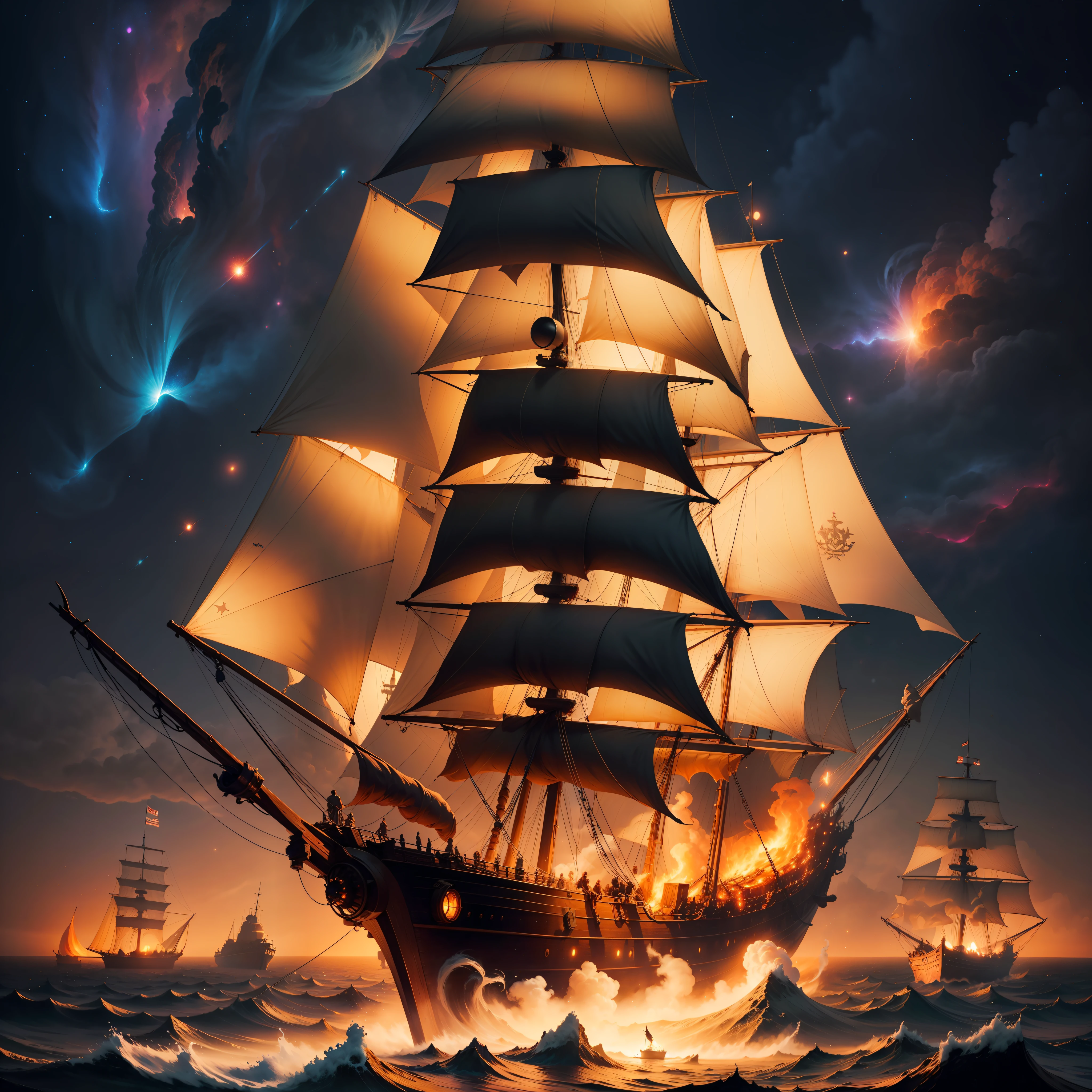 burning 3 mast pirate ship sailing across the sea of ​​nebulae, fireluminensce, lumineer, bioluminensce,  gigantic star behind them, floating light particles, surrounding with fog,