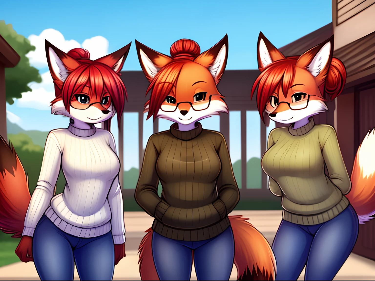 "by chochi, auntie vixen, red fur, red hair, hair bun, black ear tips, single tail, properly positioned tail, black paws and legs, khaki sweater, blue jeans."