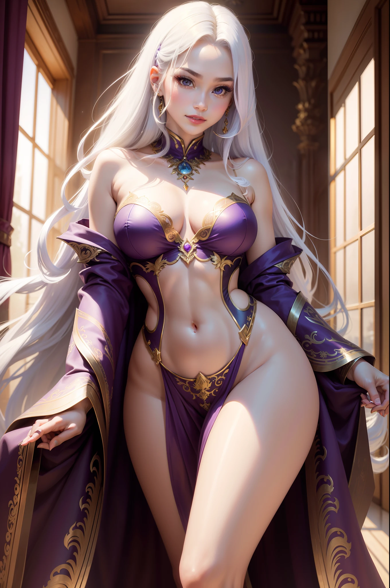 tmasterpiece,best qualtiy,offcial art,8k wallpaper,The is very detailed,Gorgeous Hair in Long Purple,Beautiful curves,White skin of the,slim toned body,Ultra-delicate face,Elaborate Eyes,ssmile,Redlip,二重まぶた,Gentle gaze,looking at viewert
