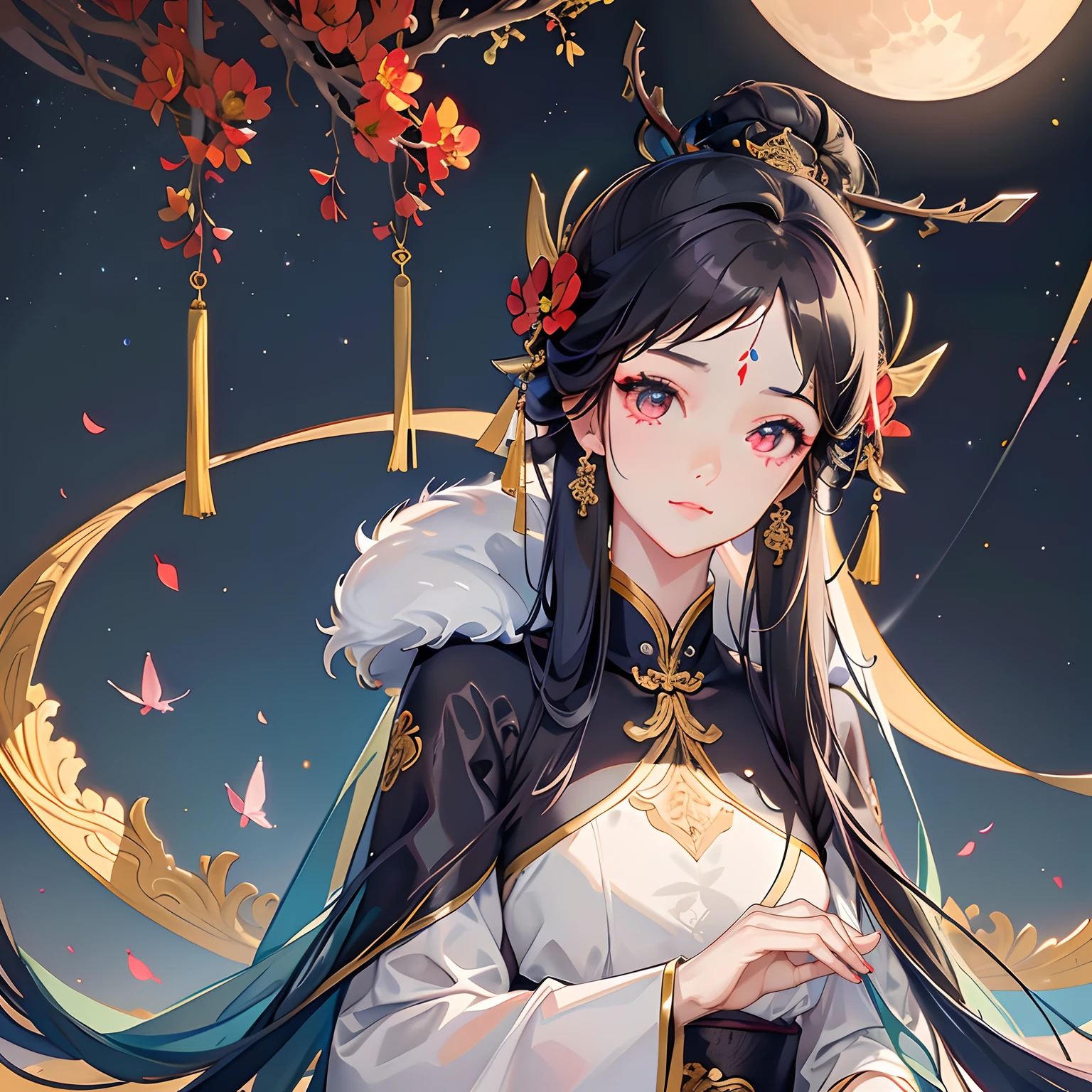 tmasterpiece, high high quality,1female,looking at viewert,east asian architecture,themoon,butterflys,The upper part of the body,，Black color hair，red color eyes