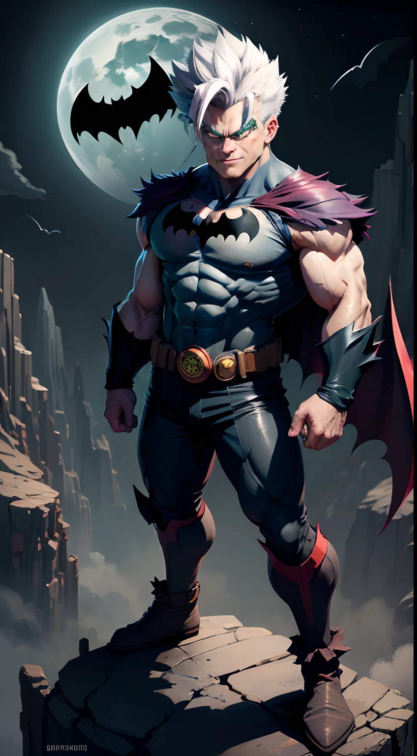 Batman as super sayagin 5, with full body green hulk hulk full body, hulk face, evil smile, gray hair, spiky hair, red eyes, dougi, full body, looking at viewer, man focus, earth \(planet\), planet , space, the ground cracked and rocks rose, debris rose,