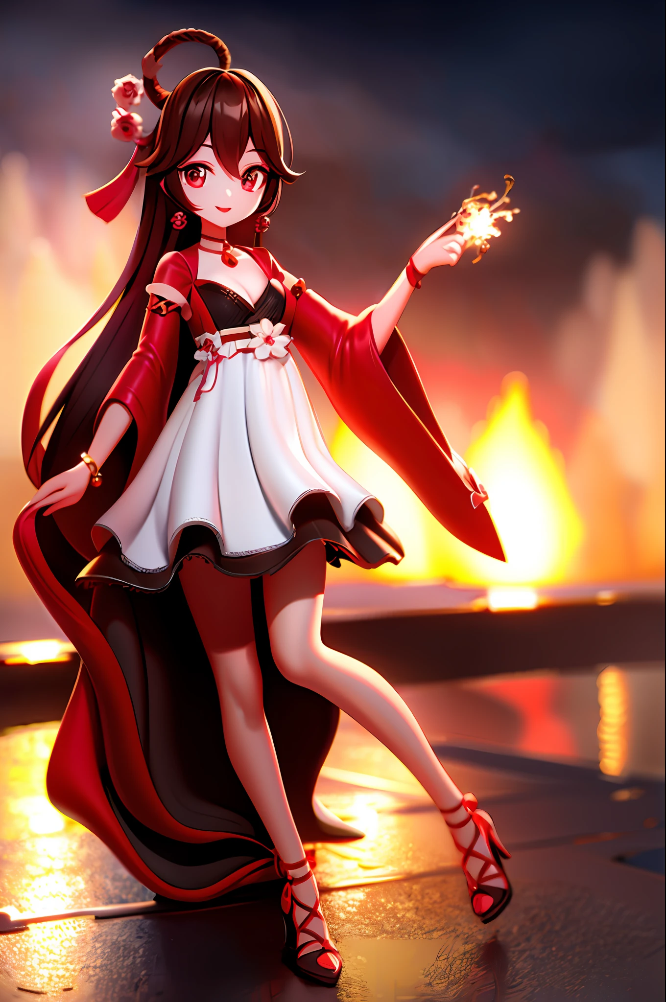 1girl，master painting，tmasterpiece，ultra fine detailed，the night，fire works，having fun，Looking at the sky，ssmile