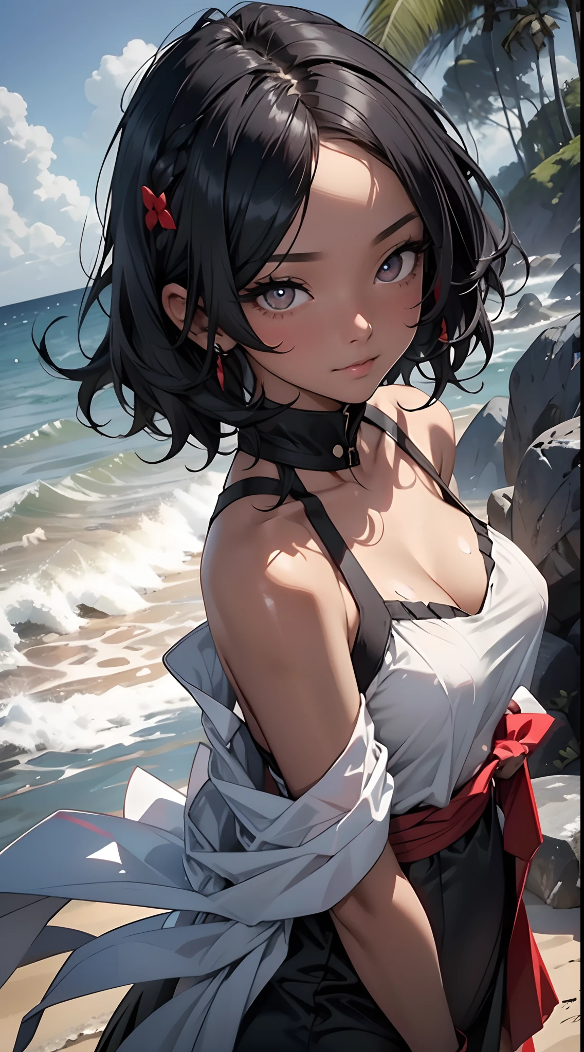 tmasterpiece， Best quality at best， beautidful eyes，Black pupils，Be red in the face，black color hair，black-skinned，Black skin， 1girll， 独奏，white camisole，cleavage，（The shoulder straps slip off：1.5）， with short white hair，Off-the-shoulder attire，Insufficient tailoring， Hair is more than one eye，sea beach，The skin is translucent，Close-up shot，ssmile，looks into camera，Close up