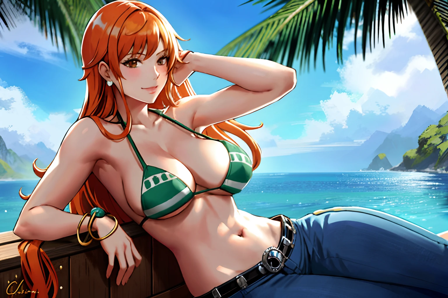 detailed background, masterpiece, nip slip, best quality, 1girl, solo, nami \(one piece\), 1girl, bangle, hands out of frame, detailed arms, strong arms, muscular body, flex muscles, seductive, bangs, bare shoulders, belt, bikini, bikini top only, blue sky, bracelet, breasts, brown eyes, bubble, cleavage, cloud, cowboy shot, day, denim, earrings, floating hair, green belt, green bikini, groin, jeans, jewelry, large breasts, log pose, long hair, looking at viewer, navel, orange hair, pants, shoulder tattoo, sidelocks, sky, smile, solo, laying on the floor, posing, stomach, swimsuit, tattoo