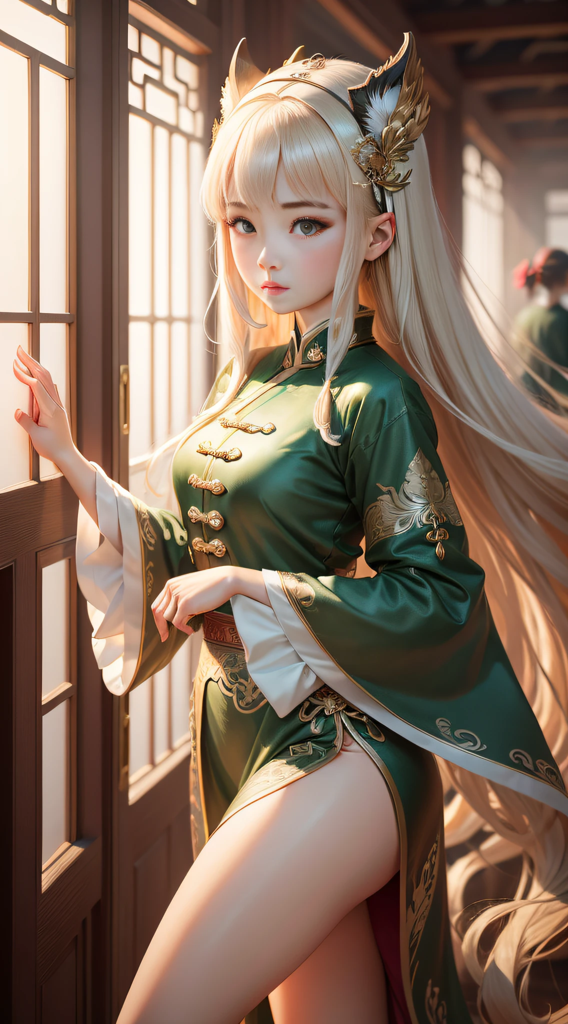A girl with delicate facial features,long whitr hair,Brown hair long,Delicate headgear,Gorgeous headdress,Blushlush,Phoenix Eyes,exquisite facial features,Dark green clothing,Chinese-style clothing,Dunhuang fairy costume,There are gorgeous decorations on the clothes,The girls danced,The movements are elegant,Chinese-style architecture,Chinese style eaves,Chinese wind screen,Works of masters,Need,Paintings of the highest quality,prefect,solo,8K highly realistic,Best image quality,Higher quality,high detal,超高分辨率,8K分辨率,full body shot shot,s the perfect face,natural soft light,dingdall effect,