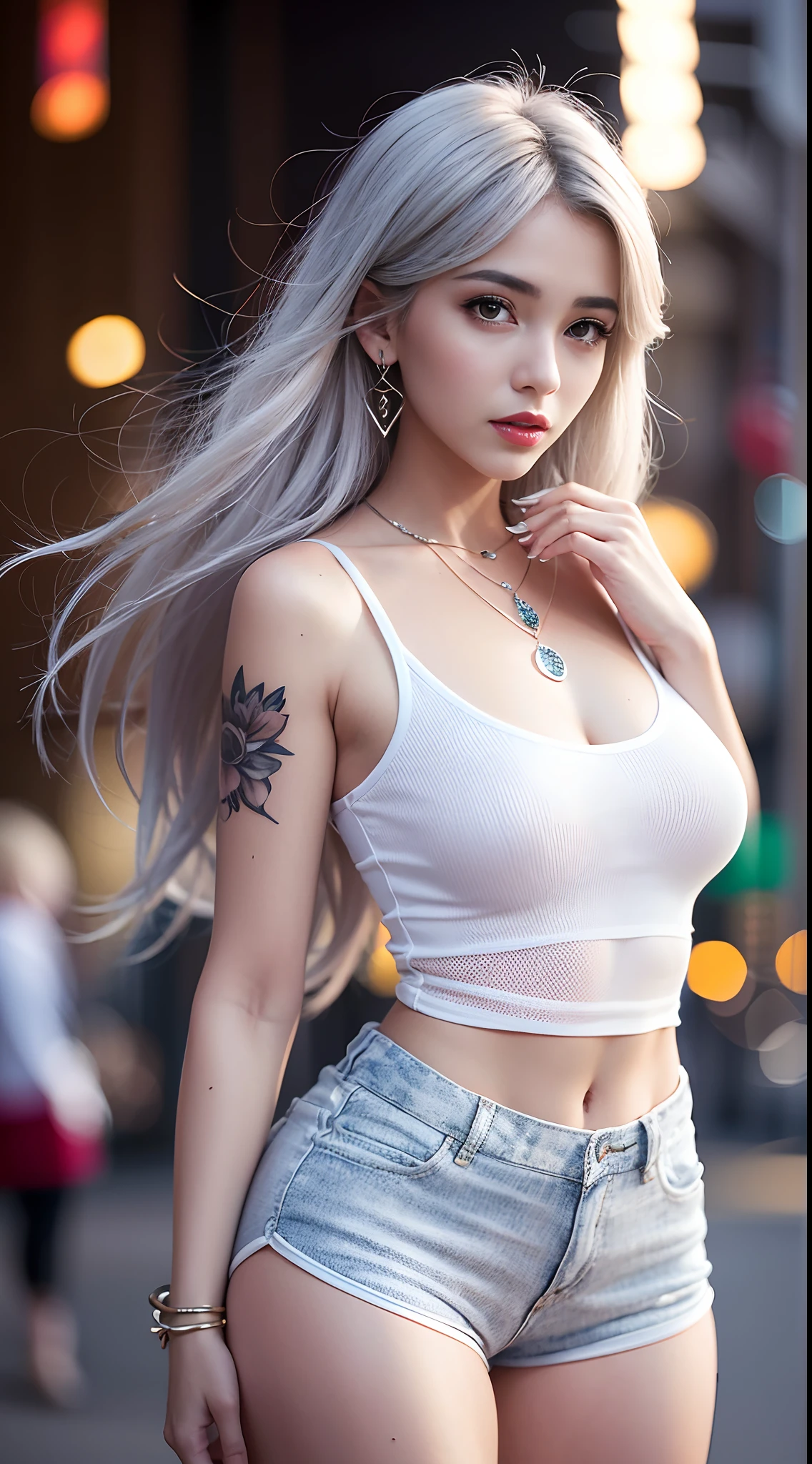 Urban beautiful girl college student, masterpiece, light makeup, red lips, silver hair, messy long hair, street background, beautiful, elegant. Ultra-fine details, master works, real texture, cinematic lighting realism, perfect work, 8k, HD, exquisite facial features, white tight open-cut top, transparent white tight shorts, slim figure, bright big eyes, smooth skin, earrings, necklace, tattoos