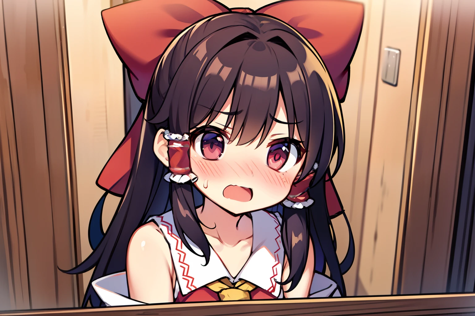 Borei Reimu、embarrassed from、blushed face、Petite、Open your mouth