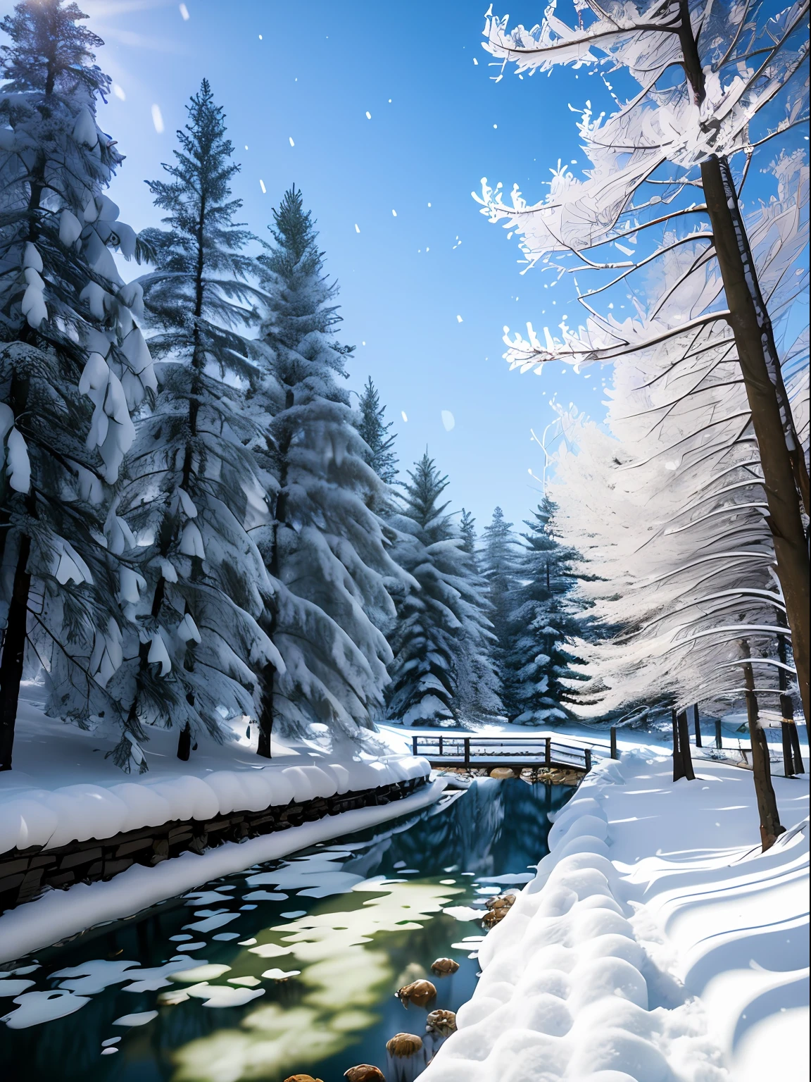 tmasterpiece，Best quality at best，high qulity，非常详细的 CG 统一 8k 壁纸，Antique beauty，coniferous forest，stillness，towering conifers covered with forest floor，Cold climate，Snowflakes are all over the ground，Peaceful beauty，Yuki，Snowy scenery in winter，mild summer，Light wind，needle，tree branch，Bokeh，Depth field, hdr, full bloom, color difference, Photorealistic, Extremely detailed, Popular on artstation, Popular on CGsociety, complex, High detail, Dramatic, halfway art
