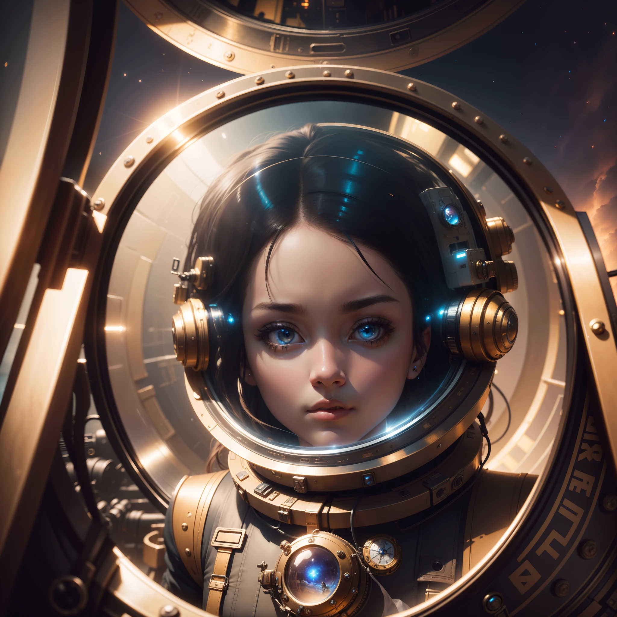 (masterpiece), selfie, centered, Instagram able, steampunk astronaut 1girl, steampunk spaceship interior, space background, backlight, dynamic lighting, reflection, depth of field, ultra detailed, intricate, (epic composition, epic proportion), professional work, FF, mecha