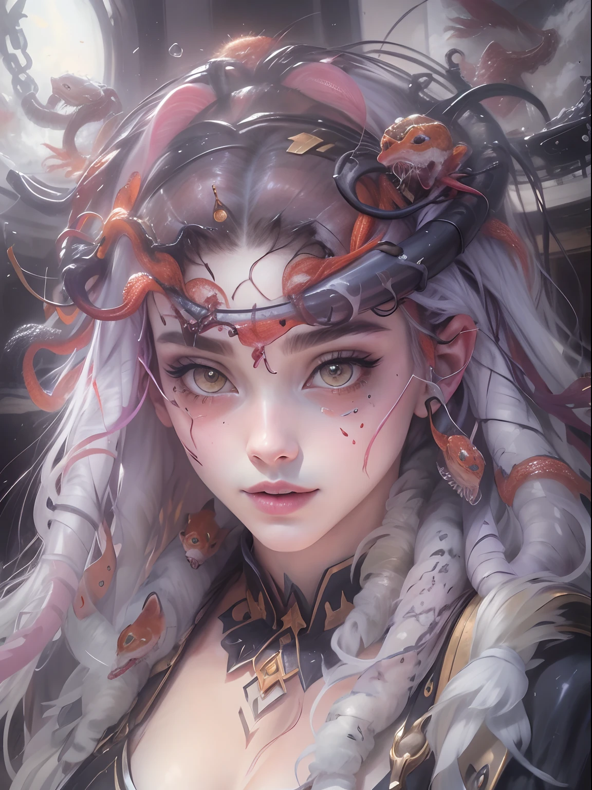 (tmasterpiece,highest qualityr,mejor calidad,Acuarelas(rizado),arte oficial,Beauty and Aesthetics:1.2),(1girll:1.3),(s arte fractal:1.3),Medusa, pelo de serpiente, hiper HD, dynamic lighting, 1girll, Ojos rosa oscuro, cabello hacia arriba, piel blanca y sensible, Cabello blanco suave, cuerpo completosbian,Mirando a Viewert,modelado,descalzo,ombligo abierto,El cabello largo es tranquilo y natural, Koi,Submarino, Dome,Dynamic actions,agua,Liquids,nubes,De color,estrellado,Las Estrellas,