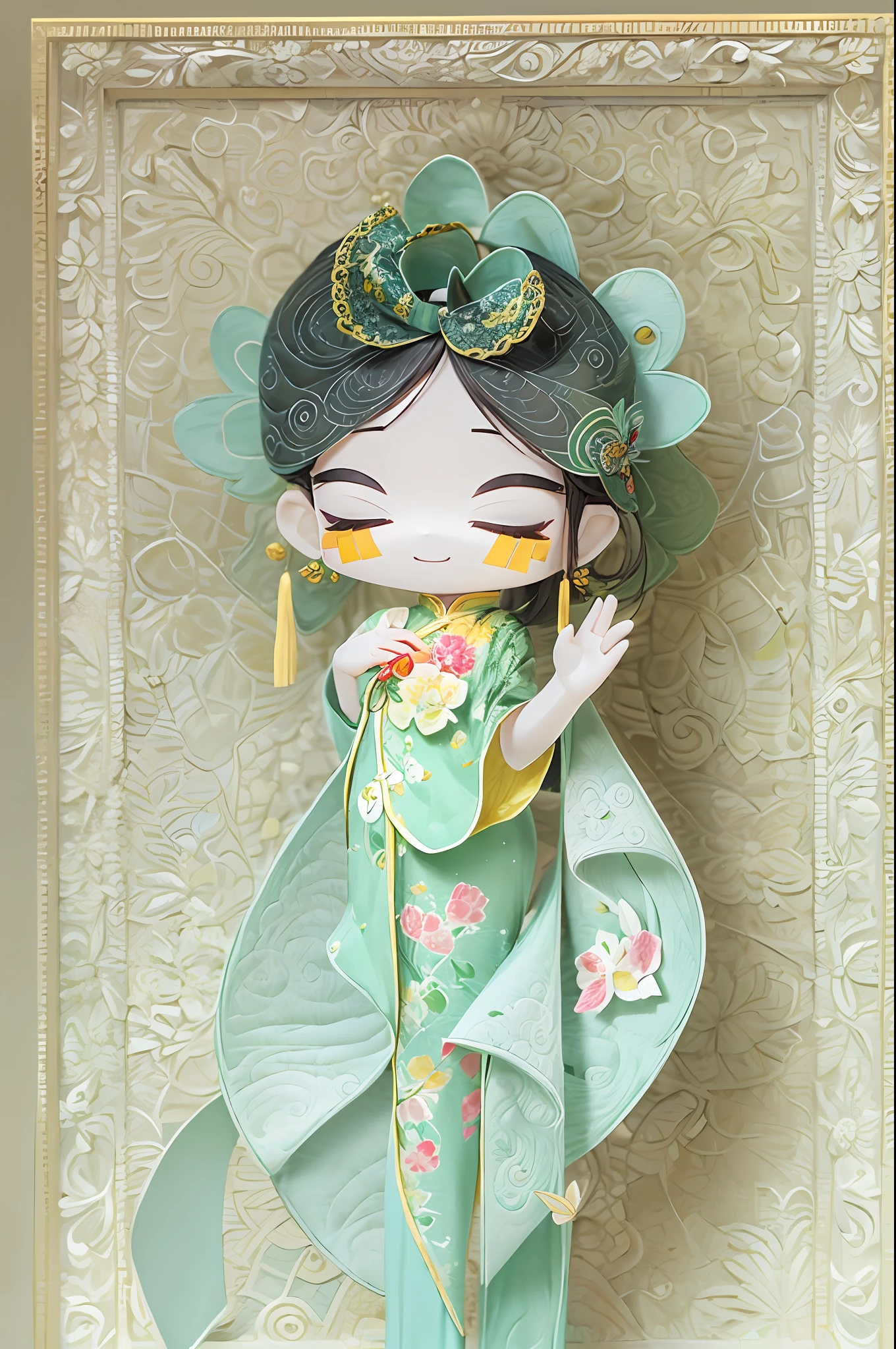 (paper art, Quilted paper art, 3D), (full body:1.5),1 Cheongsam woman,Shy, close your eyes, Slender figure,perfectly proportions,Delicate hair accessories, smile,Oriental elements,simple background, mint green, (Soft Lighting, Bokeh),high quality,4K