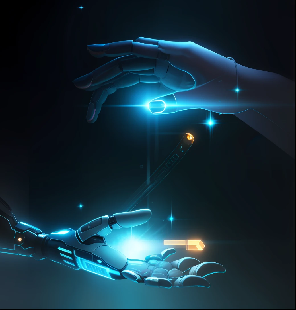 Someone touches a robotic hand with a finger, cybernetic hands, endless collaboration with ai, reaching out each other, digital 2d animation, magic art flowing from hands, light emitting from fingertips, Wallpaper phone, data holograms, amazing wallpapers, computer generated, inspired by Zhu Da, robot hand, screensaver, wallpaper mobile