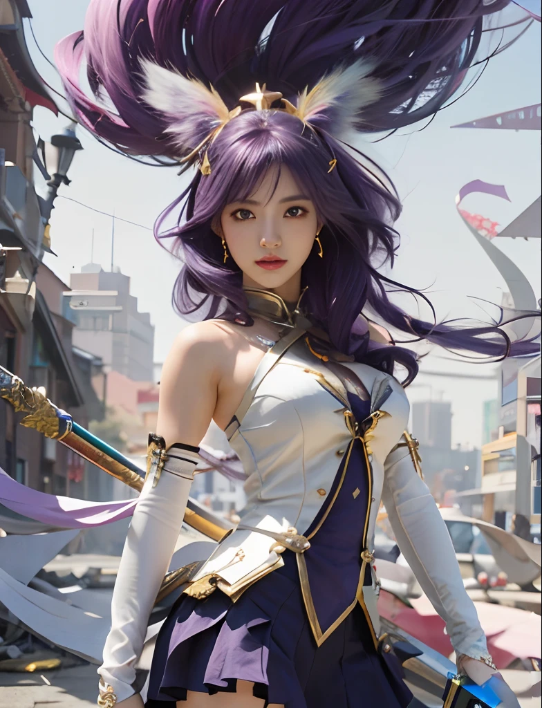 anime girl with purple hair and sword in a city setting, extremely detailed artgerm, portrait knights of zodiac girl, ! dream artgerm, ig model | artgerm, artgerm. anime illustration, anime goddess, by Yang J, artgerm and rossdraws, seraphine ahri kda, style of artgerm
