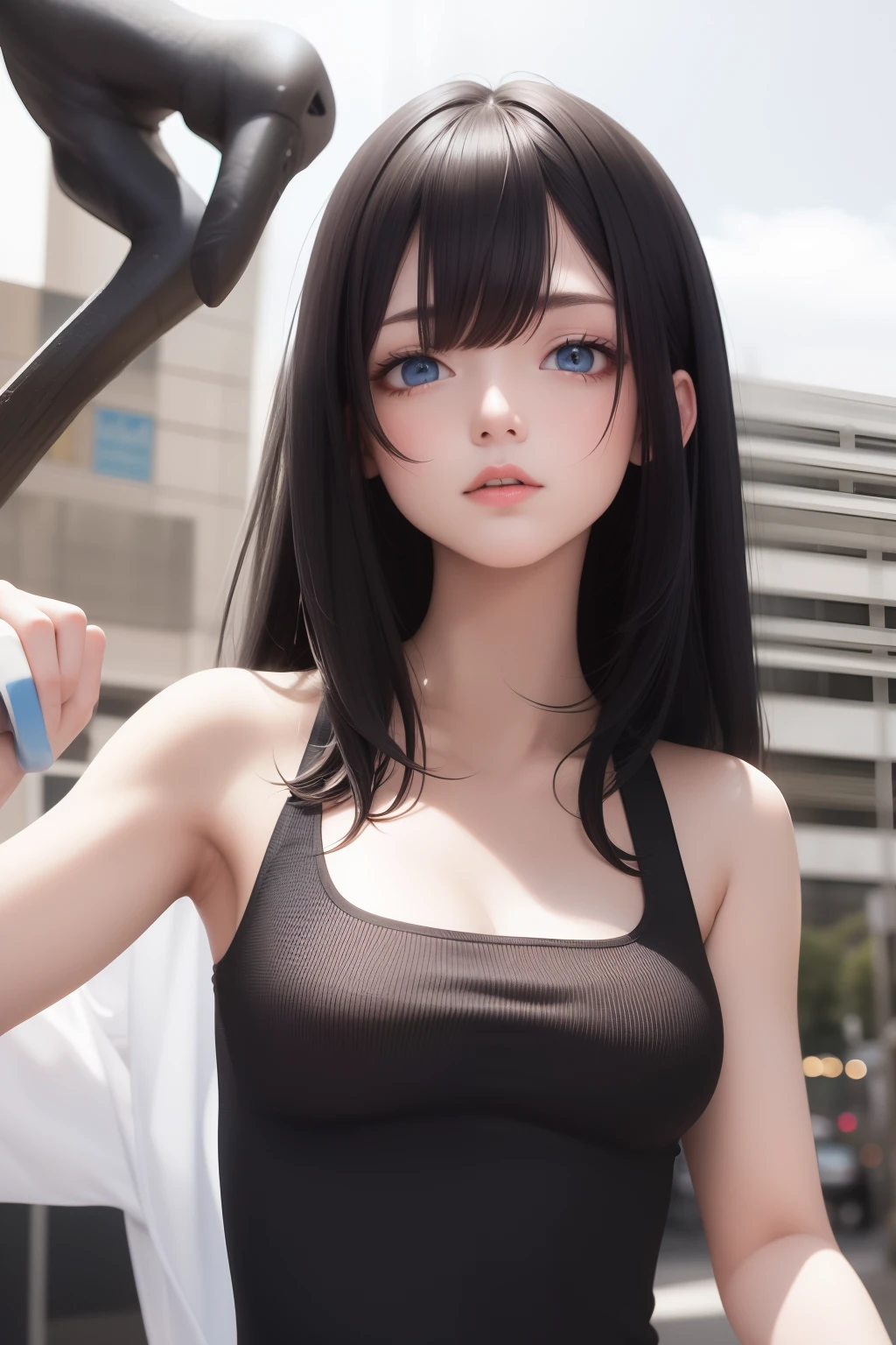 best quality, masterpiece, black hair, blue eyes, looking up, upper body