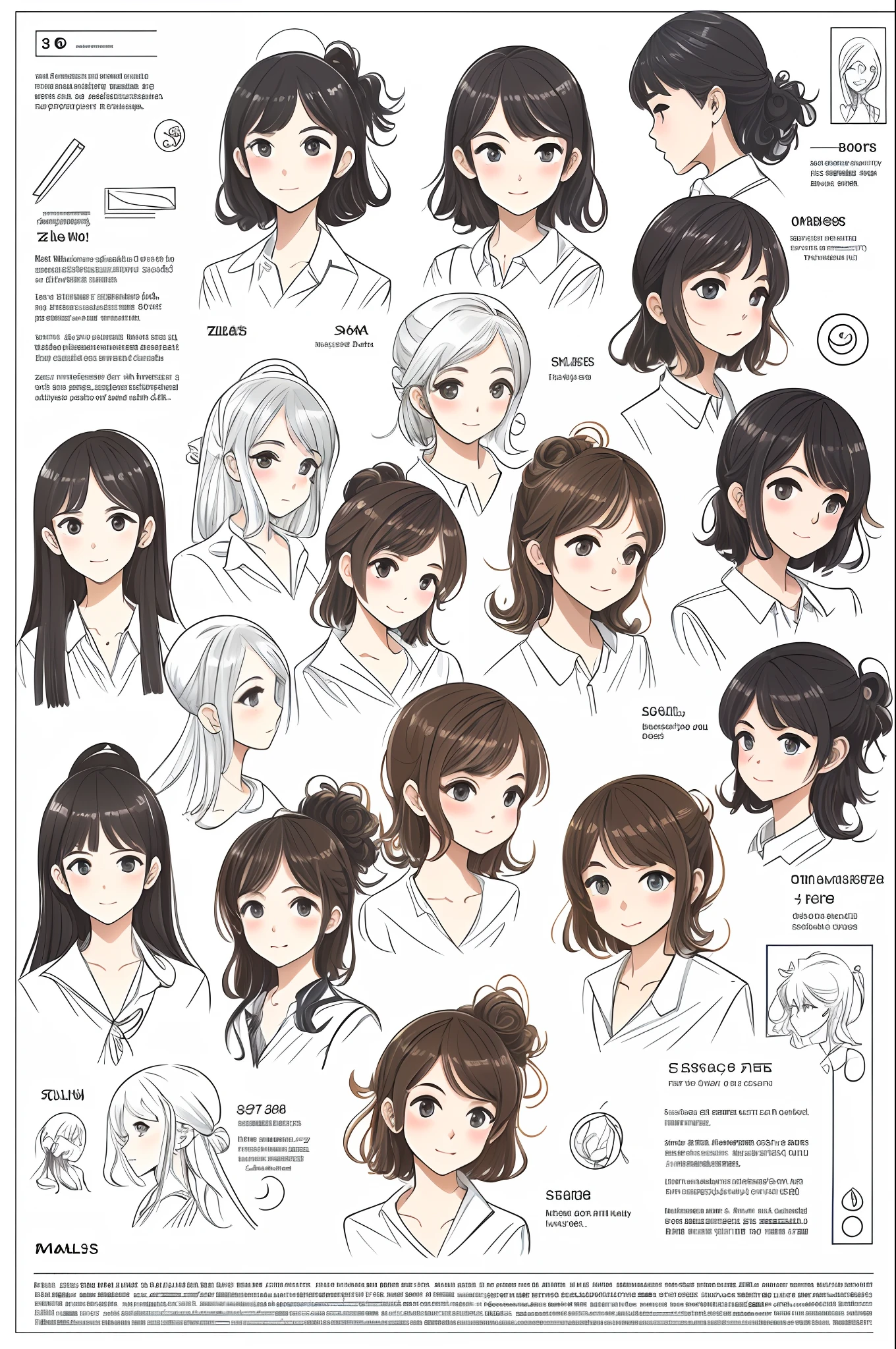 ((masterpiece)),(((best quality))),(character design sheet, same character, front, side, back), illustration, 1 girl, hair color, bangs, hairstyle fax, eyes, environment change scene, Hairstyle Fax, Pose Zitai, Female, Shirt Shangyi, Star, Charturnbetalora, (simple background, white background: 1.3), --6