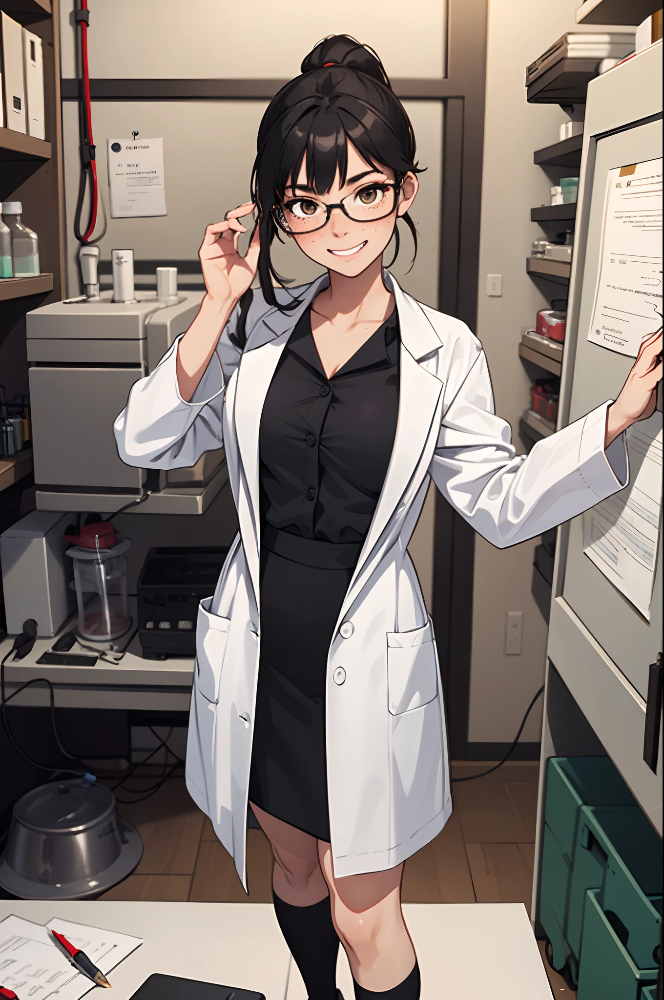 1girl, solo, scientist, mad scientist, white lab coat, pencil skirt, shoes, dress shirt, glasses, black hair, ponytail, long hair, hazel eyes, freckles, scheming pose, professional, laboratory backdrop, cowboy shot, bunker, evil grin