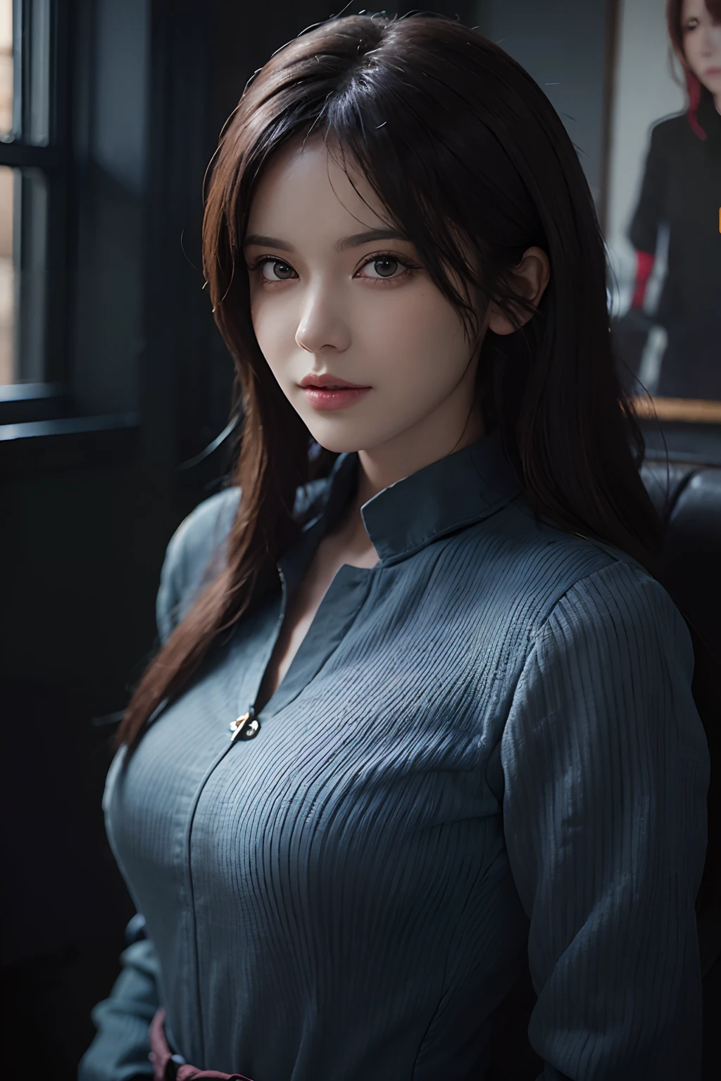 Surrealistic female portraits by David Hockney and Alphonse Mucha, fantasy art, photorealism, dynamic lighting, artstation, poster, volumetric lighting, very detailed faces, 4k, award-winning, 1girl, in the dark, deep shadows, understated, denim photos, (formal wear: 1.4), long hair,