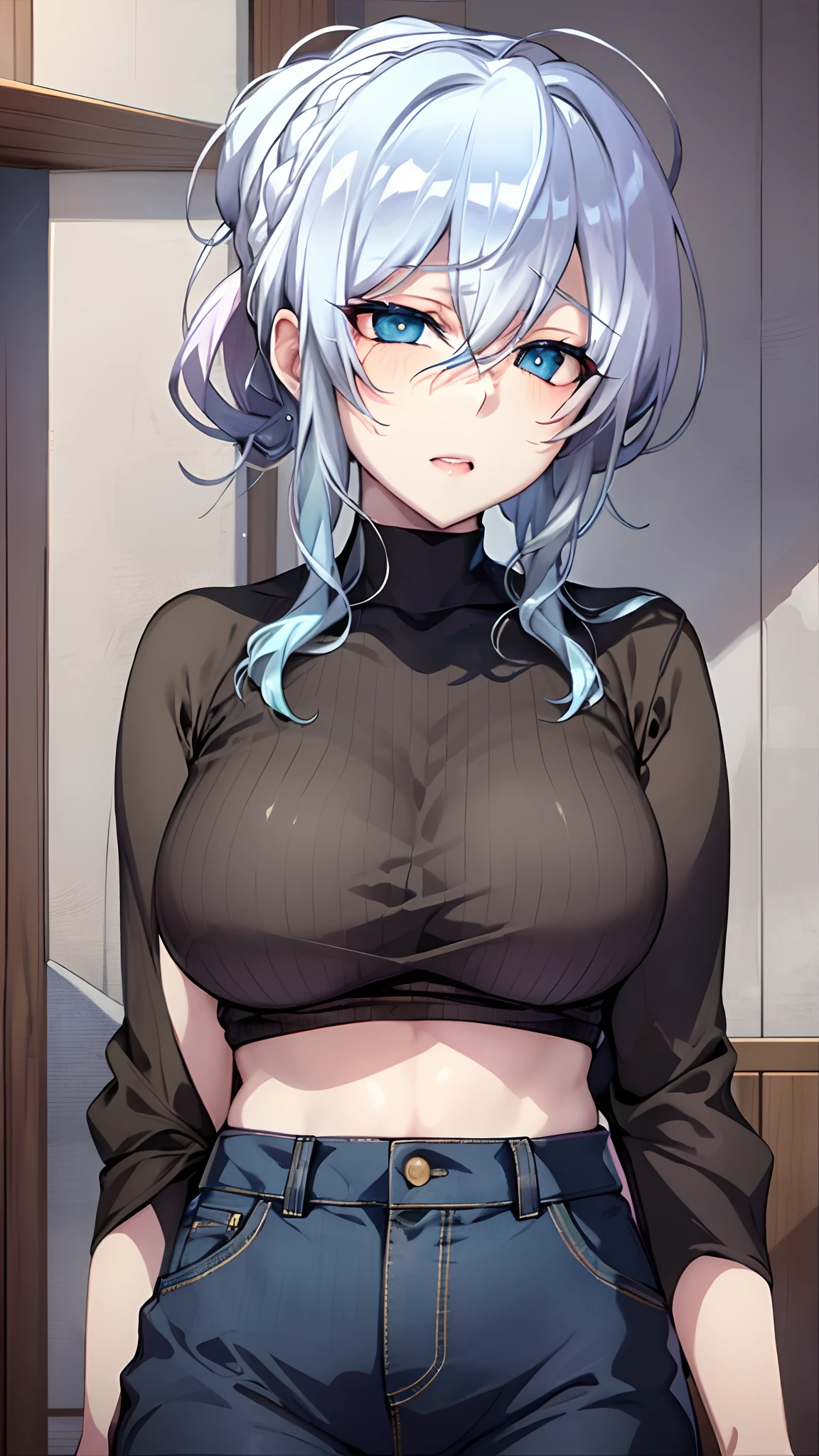Yukino, in schoop, silver hair and blue eyes, short hair, black shirt and no bra, anime visual of a cute girl, screenshot from the anime film, & her expression is solemn, in the anime film, in an anime, anime visual of a young woman, she has a cute expressive face, still from anime, big breast, red cheek, lustful face, fair skin