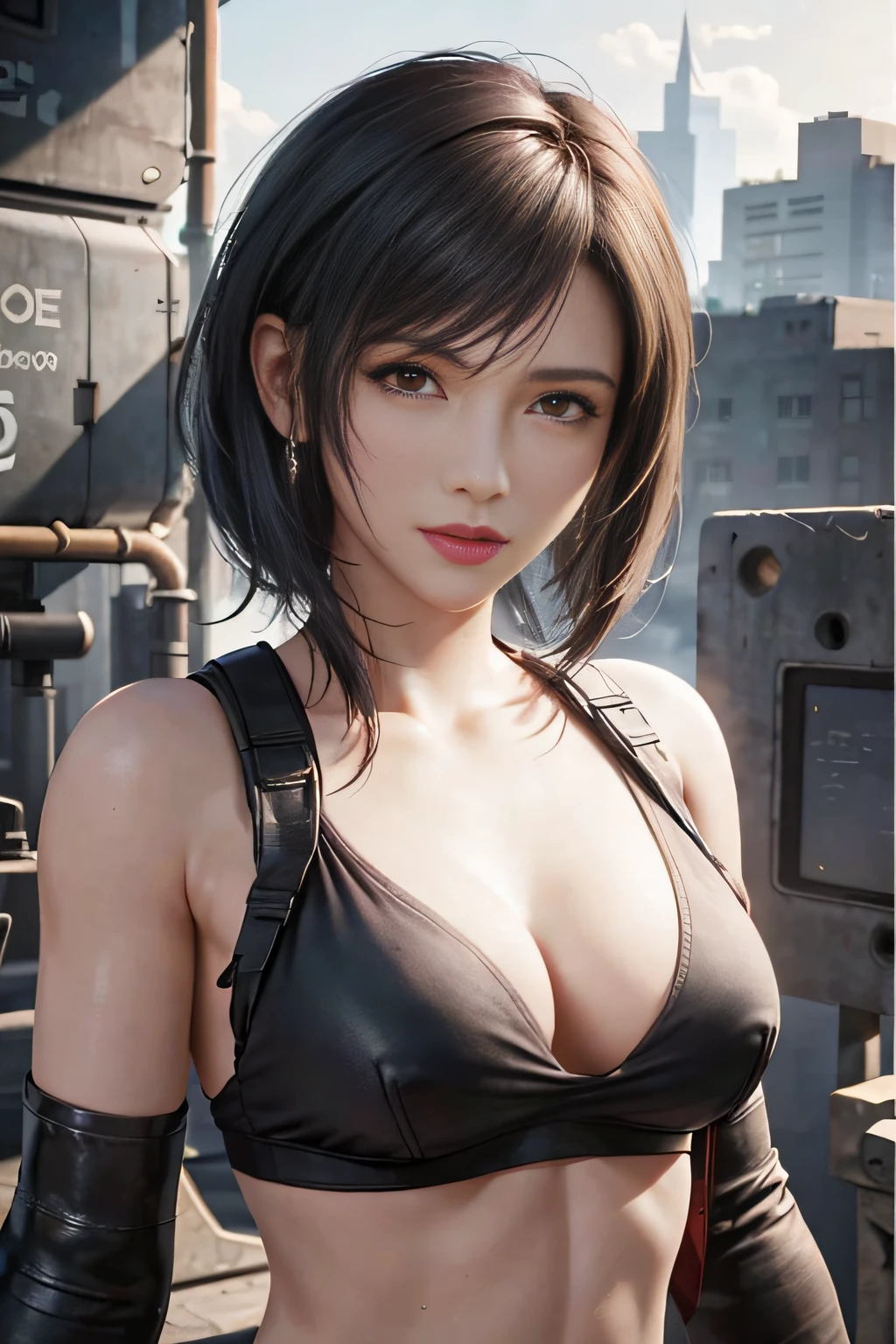 (​masterpiece), (top-quality), 8K分辨率, ultra-detailliert, ultra-detailliert, realisitic, a picture, photorealisim, (1girl in), Tifa, Final Fantasy VII, Tifa Lockhart, concrete wall,metal pipes,Description Red eye,Detailed double eyelids,Short hair dark brown color,Slender figure,Model body type,BustＢcups,