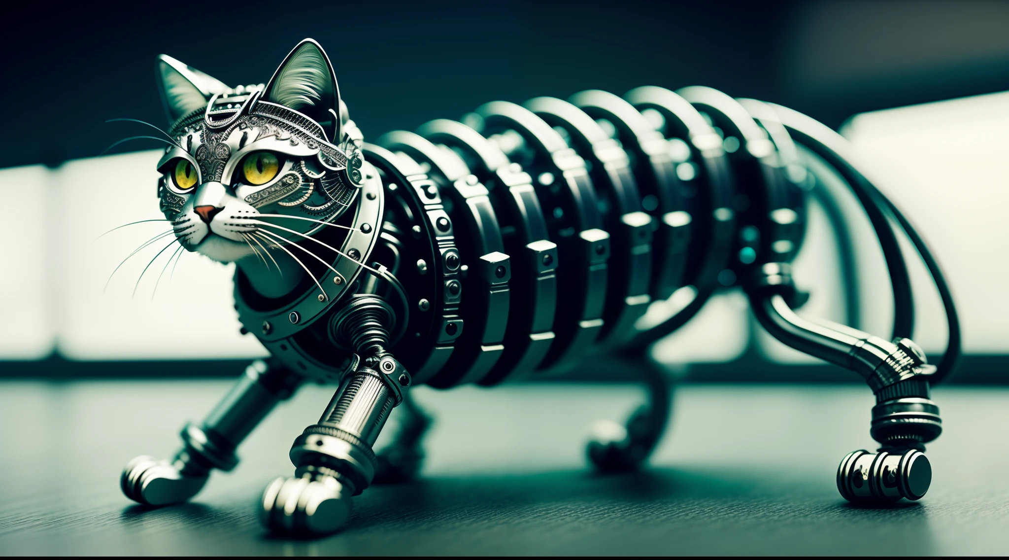 Cute metal cat, (half-mechanical:1.1), ([Tail | detailed wire]:1.3), (Intricate details), hdr, (Intricate details, ultra - detailed:1.2), cinema shot, Vignette, Centered，Pale color background，（（tmasterpiece））， （（The is very detailed））， （（best qualtiy））， （（8k wallpaper））