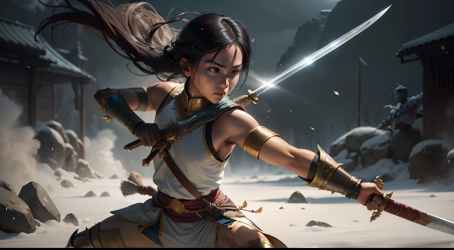 A hyperrealistic photo of a young burmese warrior wavering a shinny sword in battle , cinematic lighting , very smooth texture , highly detailed , beautiful , very nice proportionate figure