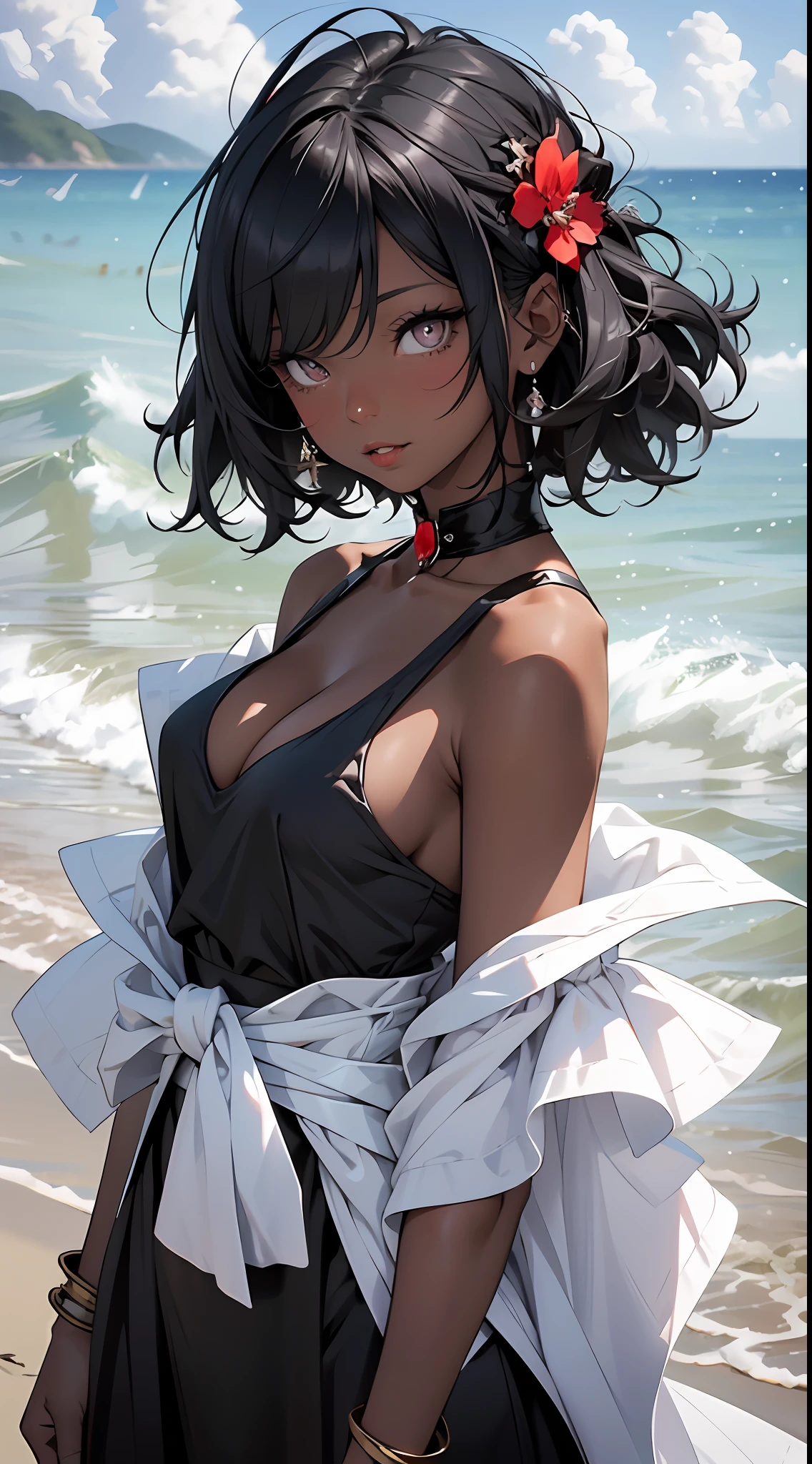 tmasterpiece, Best quality at best, beautidful eyes,Black pupils,Be red in the face,Black color hair,(black-skinned)Black skin, 1girll, 独奏,white camisole,cleavage,(The shoulder straps slip off:1.5), with short white hair,Off-the-shoulder attire,Insufficient tailoring, Hair is more than one eye,sea beach,The skin is translucent,Close-up shot,ssmile,looks into camera,Close up,Translucent red lips