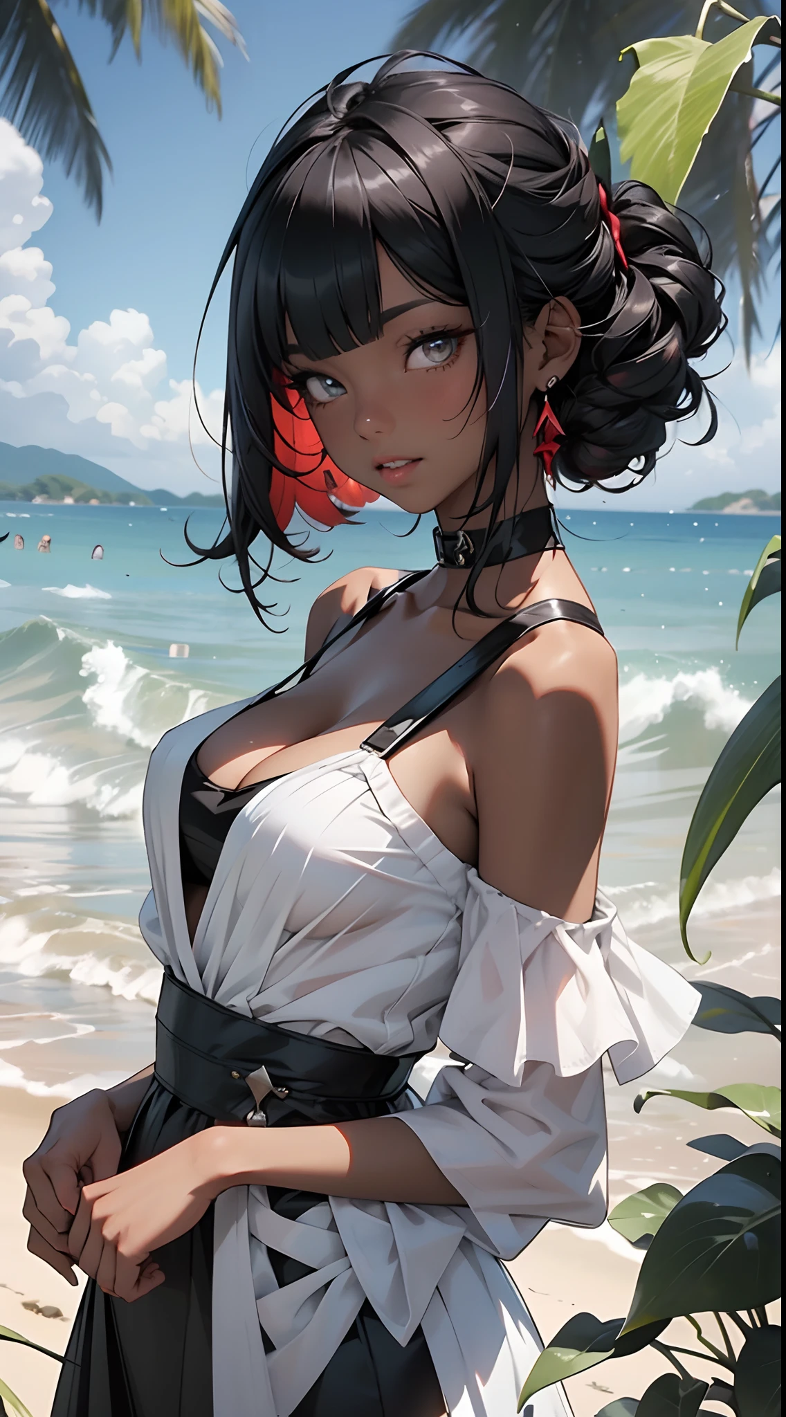 tmasterpiece, Best quality at best, beautidful eyes,Black pupils,Be red in the face,Black color hair,(black-skinned)Black skin, 1girll, 独奏,white camisole,cleavage,(The shoulder straps slip off:1.5), with short white hair,Off-the-shoulder attire,Insufficient tailoring, Hair is more than one eye,sea beach,The skin is translucent,Close-up shot,ssmile,looks into camera,Close up,Translucent red lips