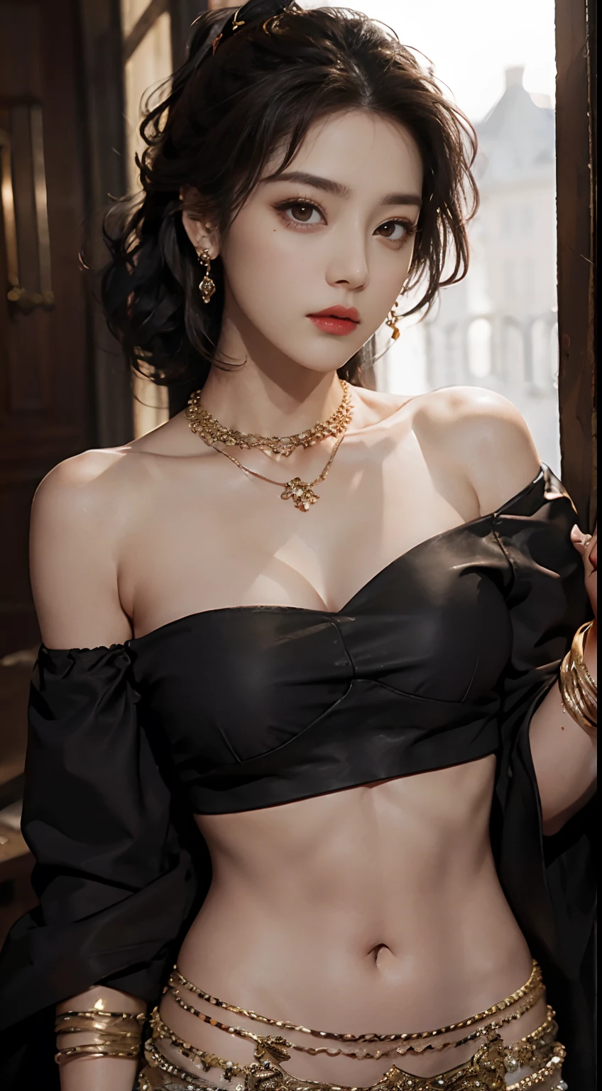 Top quality, masterpiece, ultra high definition, (Reality: 1.4), Original photo, 1Girl, brown eyes, off-shoulder, cinematic lighting, big, dark eyeliner, brown hair, wind, necklace, piercings, bangles, abs,